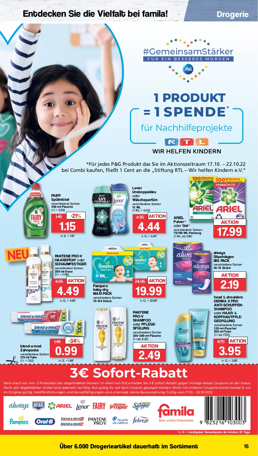 Aktueller Prospekt Famila - Prospekte - von 17.10 bis 22.10.2022 - strona 15 - produkty: Alwa, Always, ariel, auer, baby-dry, blend-a-med, coupon, coupons, decke, eis, fairy, flasche, gin, haarspray, Hautpflege, Kinder, lenor, oder schaumfestiger, pampers, pantene, pantene pro-v, pasta, Pflegespülung, pro-v, reis, schaumfestiger, shampoo, slip, slipeinlagen, sofort-rabatt, spülmittel, spülung, Ti, zahnpasta, ZTE