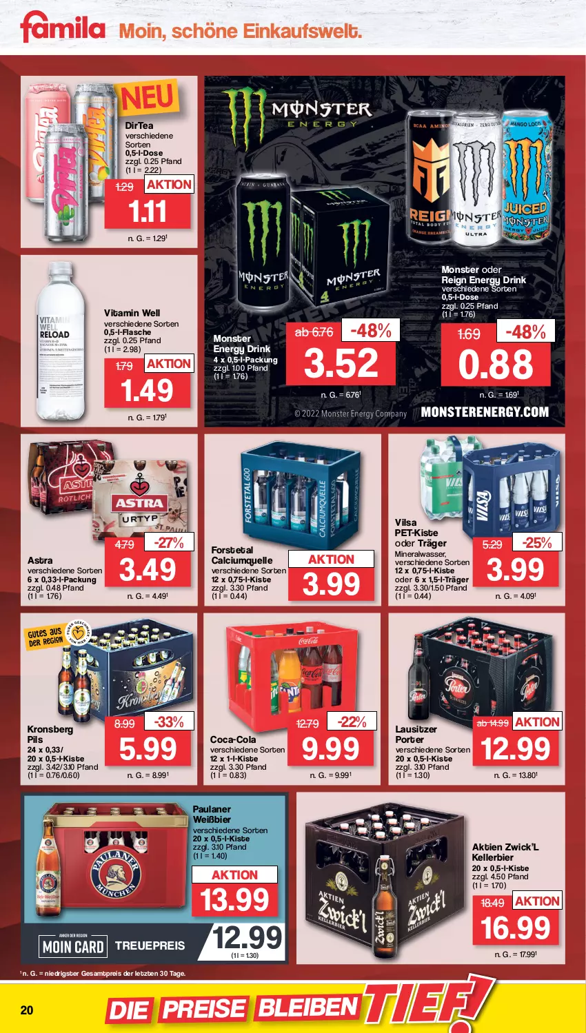 Aktueller Prospekt Famila - Prospekte - von 17.10 bis 22.10.2022 - strona 20 - produkty: Alwa, Astra, bier, Calcium, coca-cola, cola, drink, eis, elle, energy drink, flasche, Forstetal, kellerbier, mineralwasser, monster, Monster Energy, Paula, paulaner, pils, reis, Ti, vilsa, vita, wasser, WICK, ZTE