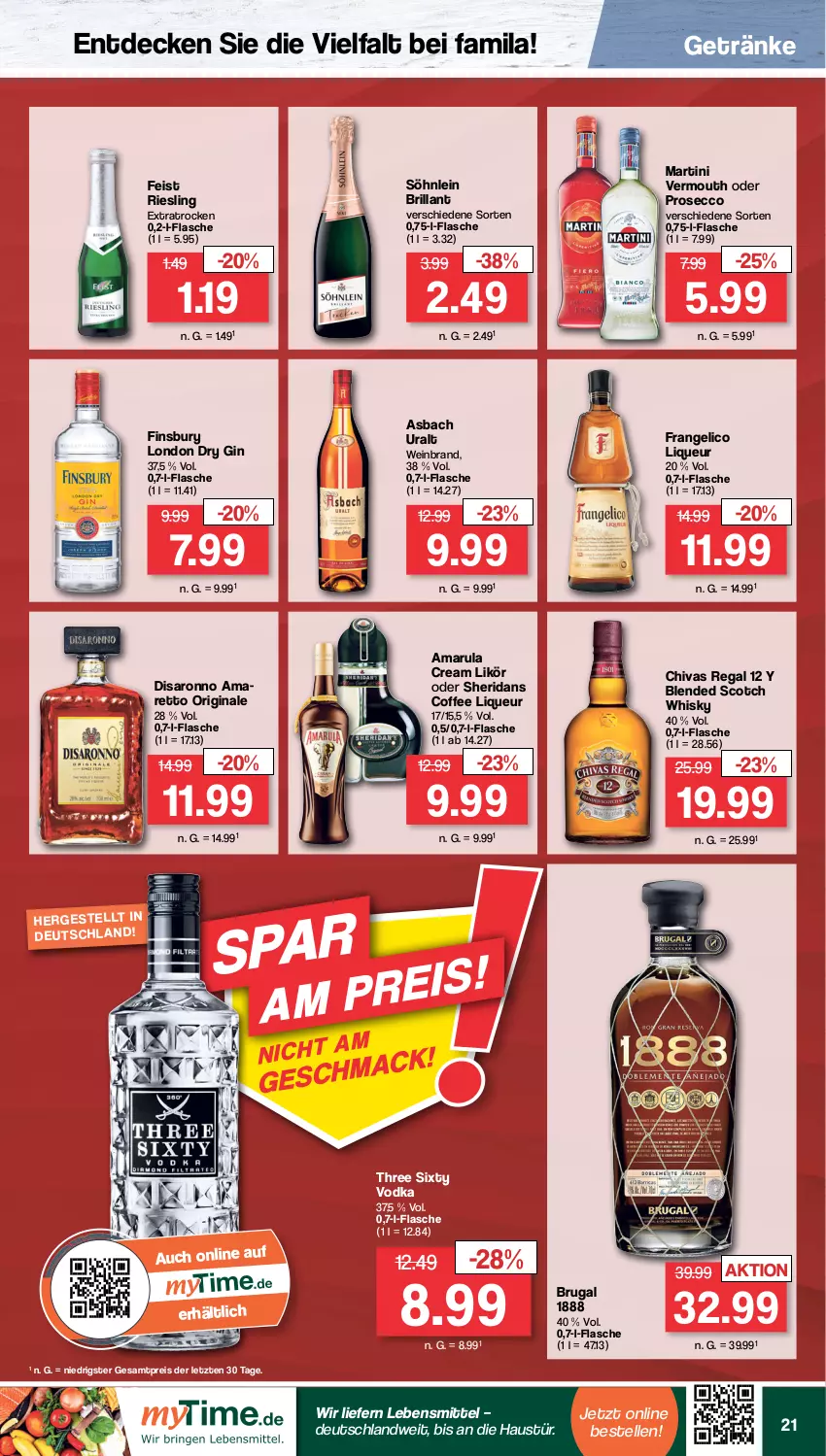 Aktueller Prospekt Famila - Prospekte - von 17.10 bis 22.10.2022 - strona 21 - produkty: Amaretto, amarula, asbach uralt, aust, blended scotch, blended scotch whisky, decke, dry gin, ecco, eis, elle, finsbury, flasche, frangelico, getränk, getränke, gin, lebensmittel, likör, liqueur, london dry, london dry gin, martini, prosecco, regal, reis, riesling, saro, scotch, scotch whisky, söhnlein, söhnlein brillant, Three Sixty, Ti, Vermouth, vodka, wein, weinbrand, whisky, ZTE