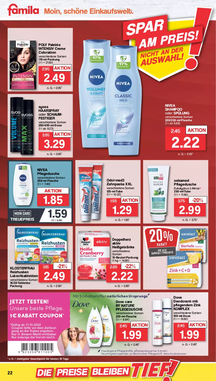 Aktueller Prospekt Famila - Prospekte - von 17.10 bis 22.10.2022 - strona 22 - produkty: beutel, bio, coupon, creme, deo, deodorant, doppelherz, dove, dusche, eis, flasche, getränk, getränke, haarspray, minze, natur, nivea, Odol, Palette, pasta, pflanze, pflanzen, pflegedusche, reis, sebamed, shampoo, shampoo oder spülung, spülung, syoss, tablet, tablett, Tablette, Ti, tisch, Yo, zahnpasta, ZTE