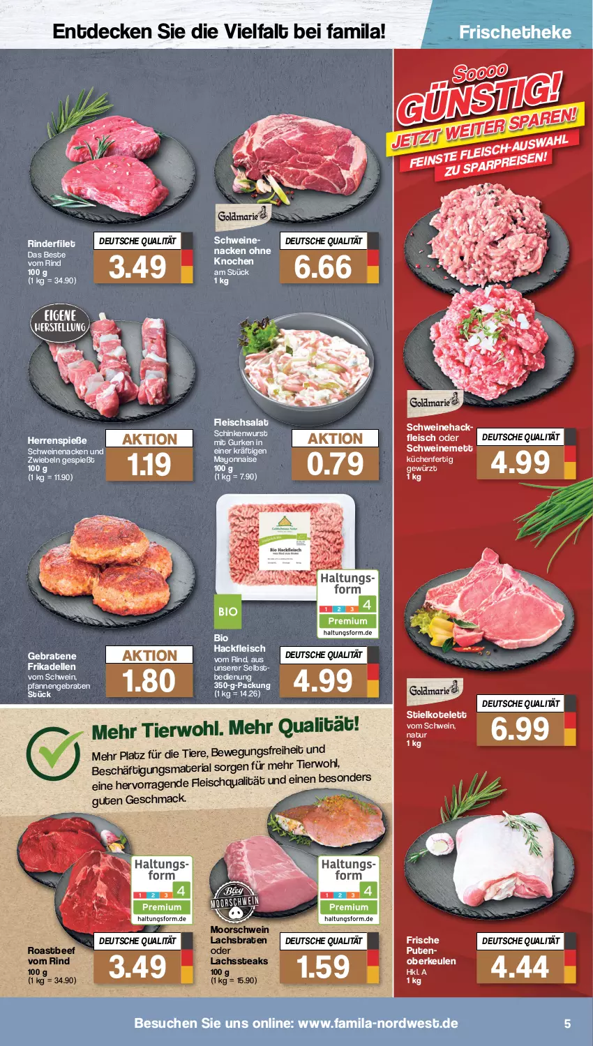 Aktueller Prospekt Famila - Prospekte - von 17.10 bis 22.10.2022 - strona 5 - produkty: beef, bio, braten, decke, dell, eis, elle, filet, fleisch, fleischsalat, frikadellen, gewürz, gurke, gurken, hackfleisch, kotelett, küche, Küchen, lachs, Lachsbraten, mac, mayonnaise, Mett, natur, pfanne, pfannen, pute, rind, rinder, rinderfilet, roastbeef, salat, schinken, schinkenwurst, schwein, schweine, schweinemett, schweinenacken, steak, steaks, Ti, Tiere, wein, weine, wurst, Yo, zwiebel, zwiebeln