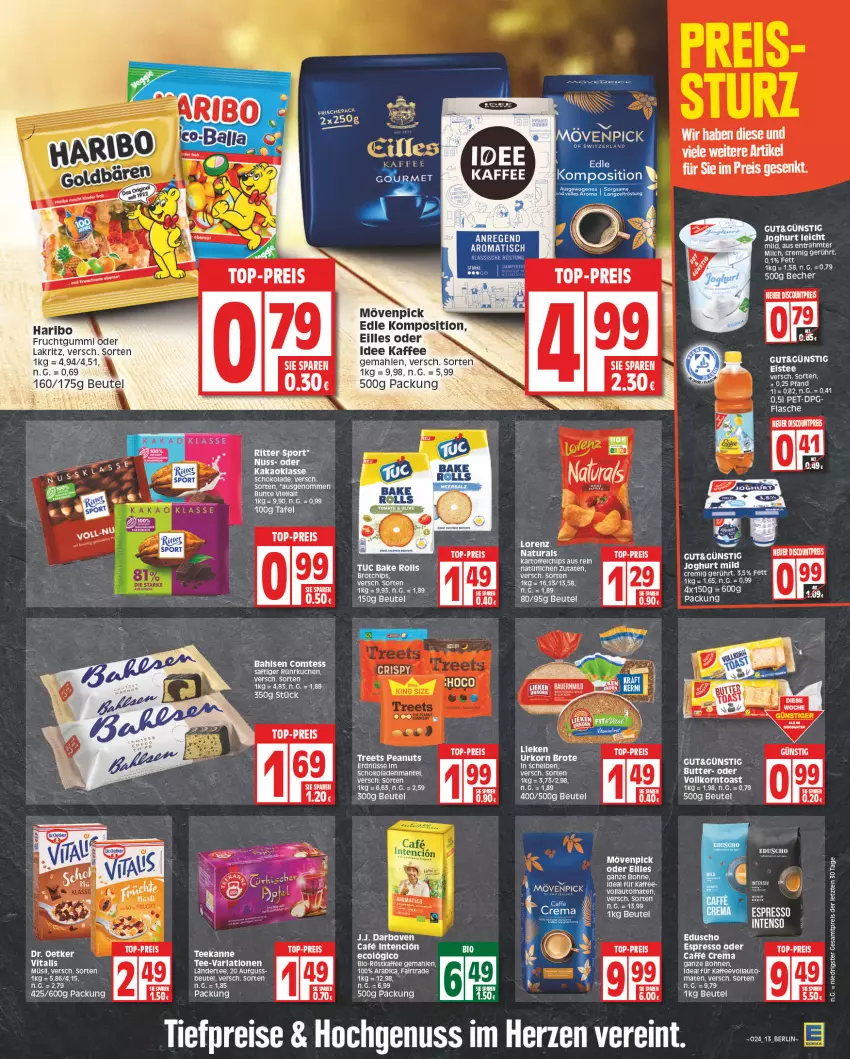 Aktueller Prospekt Edeka - Angebote der Woche - von 12.06 bis 17.06.2023 - strona 13 - produkty: arla, auto, bahlsen, Becher, beutel, bio, bohne, bohnen, caffe, chips, comtess, darbo, darboven, dip, Dr. Oetker, eduscho, eis, ente, erdnüsse, espresso, espresso oder, flasche, frucht, fruchtgummi, intenso, joghur, joghurt, kaffee, kakao, korn, Lakritz, Ländertee, lieken, Mantel, milch, mövenpick, müsli, nuss, oder lakritz, reis, röstkaffee, schoko, schokolade, schokoladen, tee, Ti, tiefpreis, toast, tomate, tomaten, top-preis, tuc, vollautomaten