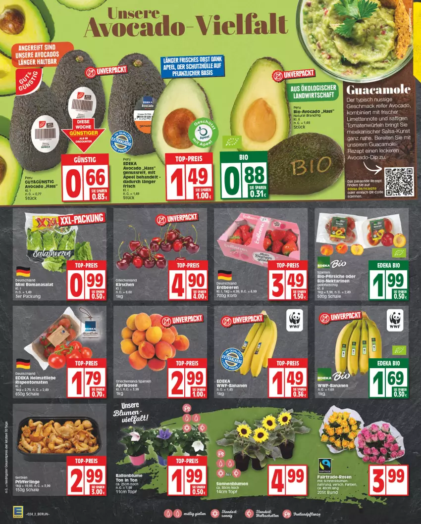 Aktueller Prospekt Edeka - Angebote der Woche - von 12.06 bis 17.06.2023 - strona 2 - produkty: aprikose, aprikosen, avocado, ball, banane, bananen, beere, beeren, bio, blume, blumen, deka, dip, edeka bio, eier, eis, erdbeere, erdbeeren, guacamole, kirsch, kirsche, kirschen, korb, LG, limette, limetten, mac, Mett, metten, Nektar, nektarinen, nuss, Pfifferlinge, reis, rezept, ring, rispentomaten, Romanasalat, salat, Salsa, Schal, Schale, sonnenblume, sonnenblumen, Ti, tomate, tomaten, top-preis, topf, würfel, ZTE