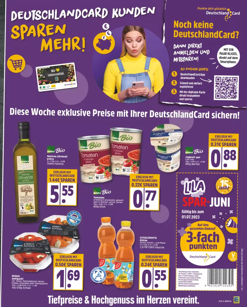 Aktueller Prospekt Edeka - Angebote der Woche - von 12.06 bis 17.06.2023 - strona 9 - produkty: antipasti, asti, Becher, bio, buch, champignon, champignons, deka, deutschlandcard, eis, eistee, flasche, gutschein, hirtenkäse, Käse, natives olivenöl, nuss, olive, oliven, olivenöl, paprika, reis, Schal, Schale, smartphone, Tchibo, tee, telefon, Ti, tiefpreis, tomate, tomaten, ZTE