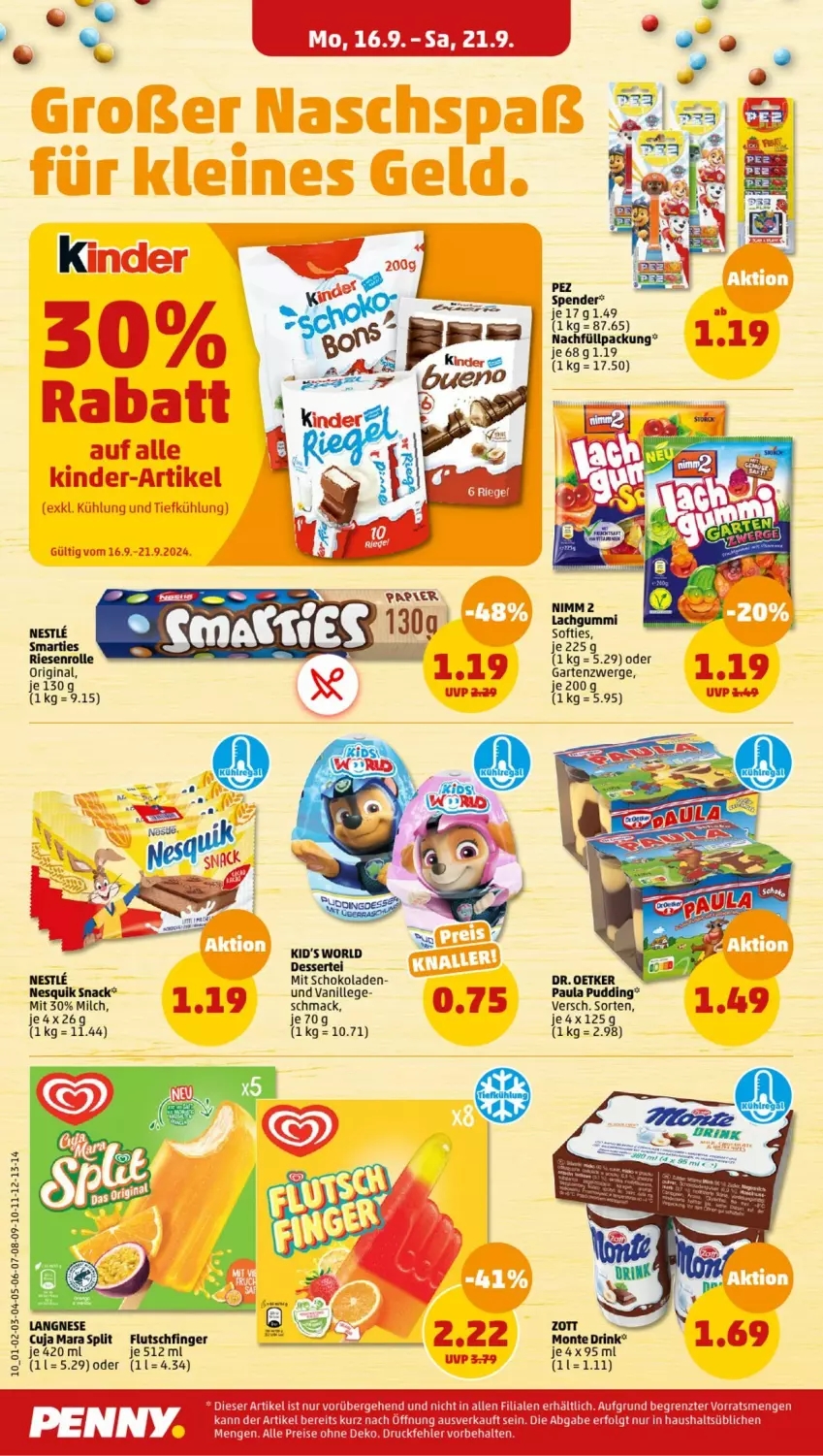 Aktueller Prospekt Penny - Prospekte - von 16.09 bis 21.09.2024 - strona 10 - produkty: dessert, drink, eis, Garten, gin, Kinder, lachgummi, langnese, LG, mac, milch, monte, nesquik, Nimm 2, Paula, paula pudding, pudding, reis, schoko, schokolade, schokoladen, snack, Ti, vanille, ZTE