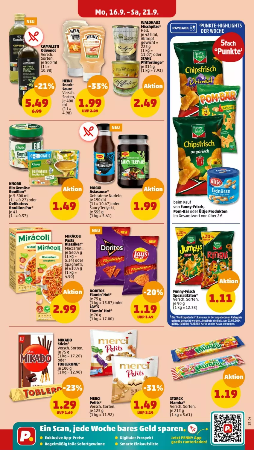 Aktueller Prospekt Penny - Prospekte - von 16.09 bis 21.09.2024 - strona 13 - produkty: ACC, angebot, angebote, chips, chipsfrisch, Doritos, eis, erde, funny-frisch, heinz, HP, mac, maggi, mam, merci, miracoli, nudel, nudeln, olive, oliven, olivenöl, payback, Pfifferlinge, pilze, pom-bär, reis, sauce, snack, spaghetti, Spezi, storck, Ti, toblerone, ültje