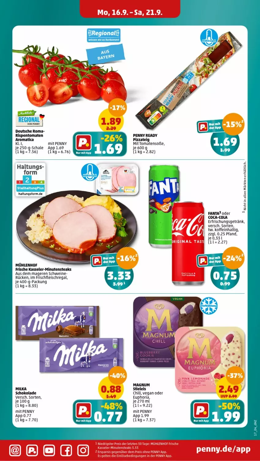 Aktueller Prospekt Penny - Prospekte - von 16.09 bis 21.09.2024 - strona 17 - produkty: blueberry, coca-cola, cola, cookie, eis, erfrischungsgetränk, fanta, fleisch, getränk, kasseler, magnum, milka, milka schokolade, minutensteaks, pizza, Pizzateig, regal, Ria, rispentomaten, Schal, Schale, schoko, schokolade, schwein, schweine, Sorbet, Soße, steak, steaks, stieleis, Ti, tomate, tomaten, wein, weine