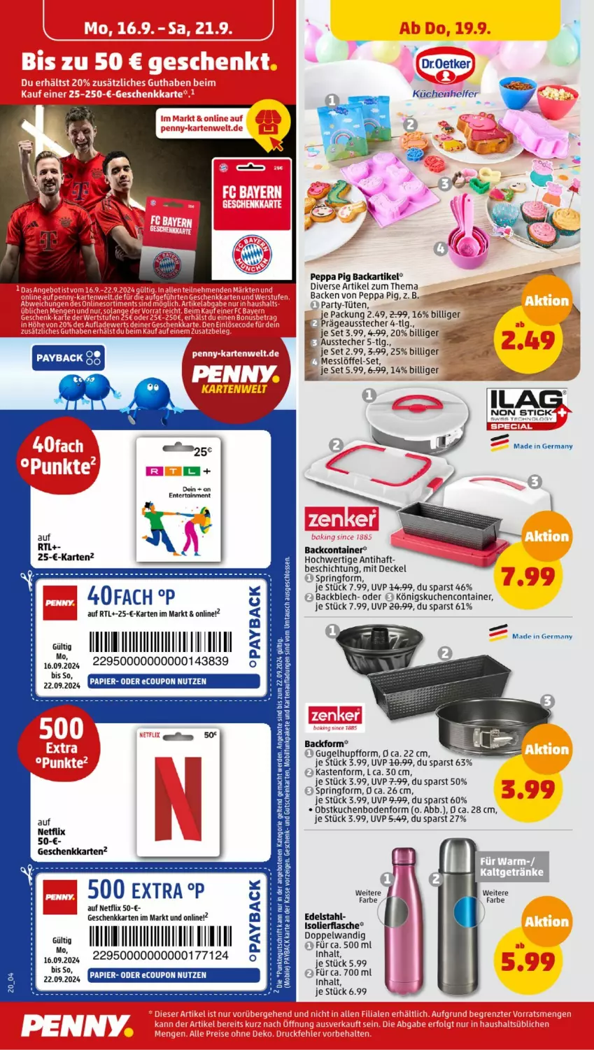 Aktueller Prospekt Penny - Prospekte - von 16.09 bis 21.09.2024 - strona 20 - produkty: angebot, angebote, Ausstecher, Backform, Container, decke, Deckel, edelstahl, eis, ente, erde, flasche, Germ, gutschein, isolierflasche, küche, Küchen, kuchen, Küchenhelfer, LG, Löffel, mac, netflix, obst, payback, Peppa Pig, ring, Springform, Ti, Tüte