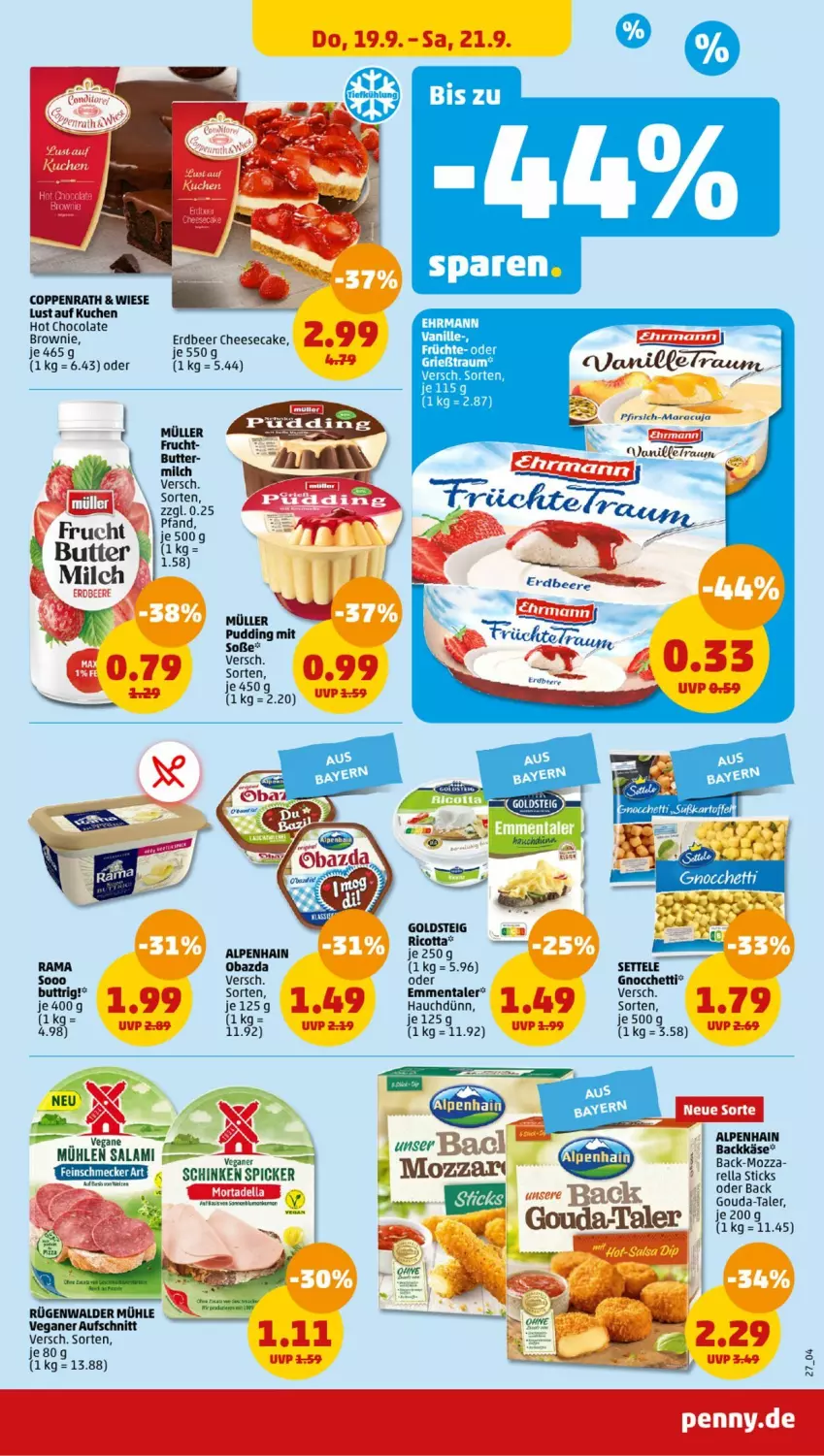 Aktueller Prospekt Penny - Prospekte - von 16.09 bis 21.09.2024 - strona 27 - produkty: Alpenhain, aufschnitt, brownie, butter, cheesecake, cola, coppenrath, ehrmann, emmentaler, goldsteig, gouda, kuchen, Lust auf Kuchen, milch, Müller, obazda, pudding, rama, rel, ricotta, rügenwalder, rügenwalder mühle, salami, schinken, schinken spicker, settele, Soße, Ti