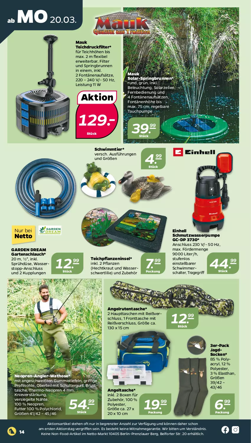 Aktueller Prospekt Netto - Woche 12 - von 20.03 bis 25.03.2023 - strona 14 - produkty: auer, beleuchtung, brunnen, einhell, eis, elle, fernbedienung, Garten, gartenschlauch, Gummistiefel, hose, HP, Kraut, pflanze, pflanzen, ring, rwe, Schal, schlauch, schultergurt, socken, Tasche, taschen, Ti, tragegriff, wasser, ZTE