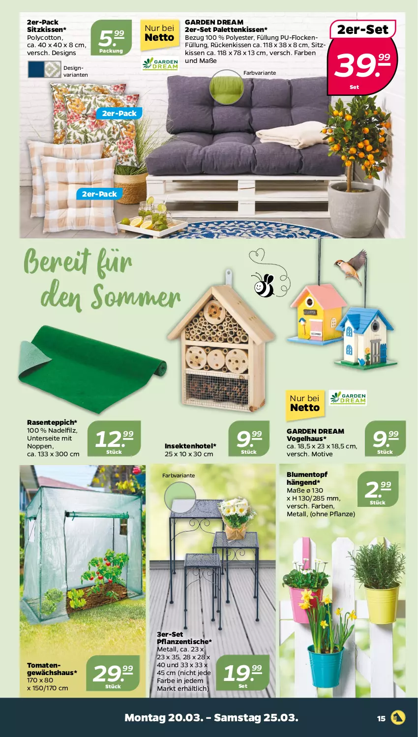 Aktueller Prospekt Netto - Woche 12 - von 20.03 bis 25.03.2023 - strona 15 - produkty: blume, blumen, ente, Gewächshaus, kissen, Palette, Palettenkissen, pflanze, pflanzen, rasen, Ria, Rückenkissen, sekt, sitzkissen, teppich, Ti, tisch, tomate, tomaten, topf, zentis