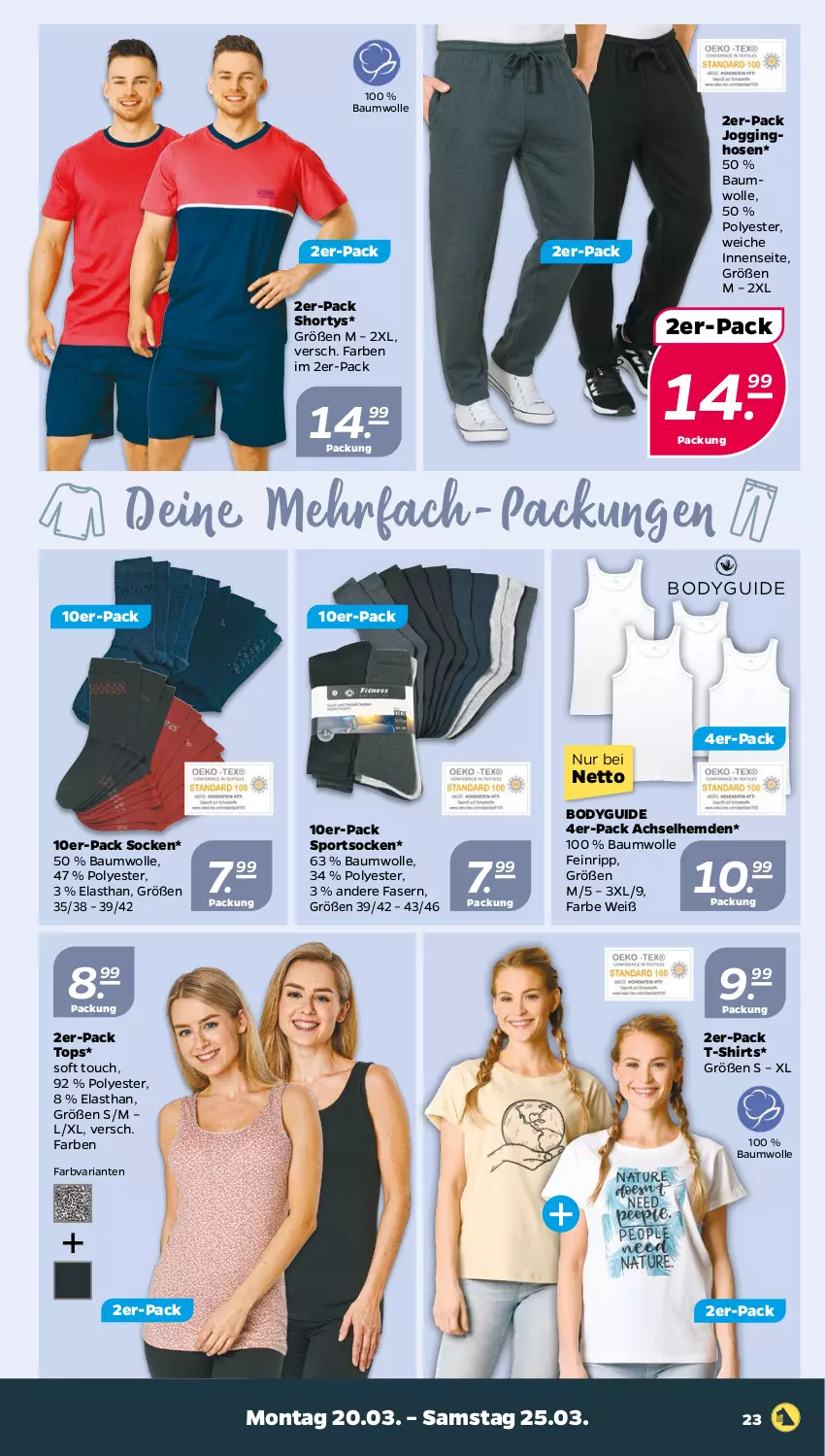 Aktueller Prospekt Netto - Woche 12 - von 20.03 bis 25.03.2023 - strona 23 - produkty: achselhemd, Bau, baumwolle, body, gin, hemd, hemden, hose, hosen, Jogginghose, Jogginghosen, Ria, shirt, shirts, shorty, socken, Sport, sportsocken, T-Shirt, wolle