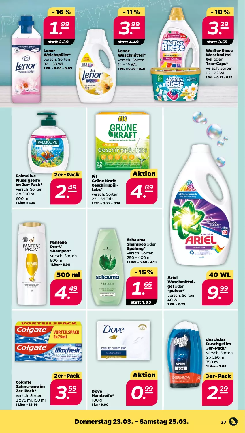 Aktueller Prospekt Netto - Woche 12 - von 20.03 bis 25.03.2023 - strona 27 - produkty: ariel, ariel waschmittel, Cap, colgate, creme, dove, duschdas, duschgel, flüssigseife, geschirr, Handseife, kraft, lenor, lenor waschmittel, lenor weichspüler, LG, olive, palmolive, pantene, pantene pro-v, pro-v, schauma, schauma shampoo, Seife, shampoo, shampoo oder spülung, spülung, Ti, waschmittel, weichspüler, zahncreme