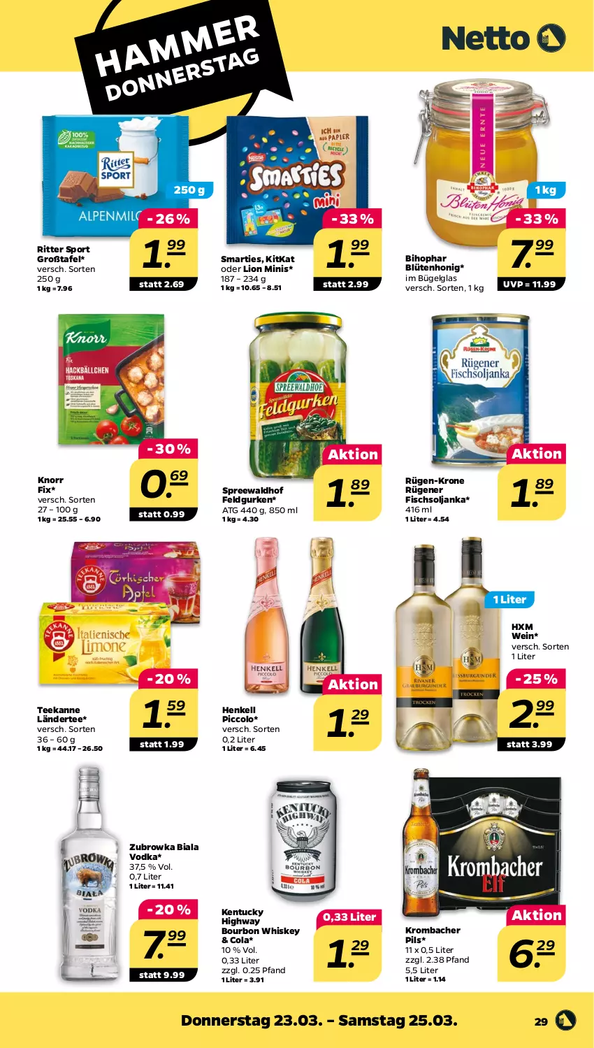 Aktueller Prospekt Netto - Woche 12 - von 20.03 bis 25.03.2023 - strona 29 - produkty: bihophar, Blüte, blütenhonig, bourbon, bourbon whiskey, bügel, cola, fisch, gurke, gurken, henkel, henkell, honig, kitkat, knorr, knorr fix, krombache, krombacher, krombacher pils, krone, Ländertee, LG, lion, pils, ritter, ritter sport, Rügener, smarties, Sport, spreewaldhof, tee, teekanne, Ti, tuc, vodka, wein, whiskey