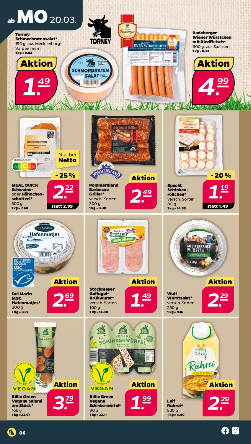 Aktueller Prospekt Netto - Woche 12 - von 20.03 bis 25.03.2023 - strona 6 - produkty: barbecue, Berger, braten, Brühwurst, eis, fleisch, Geflügel, grill, Hähnchenschnitzel, matjes, radeberger, rind, rindfleisch, sac, salami, salat, schinken, schmorbraten, schnitzel, schwein, schweine, specht, stockmeyer, Ti, wein, weine, wiener, wiener würstchen, würfel, wurst, würstchen