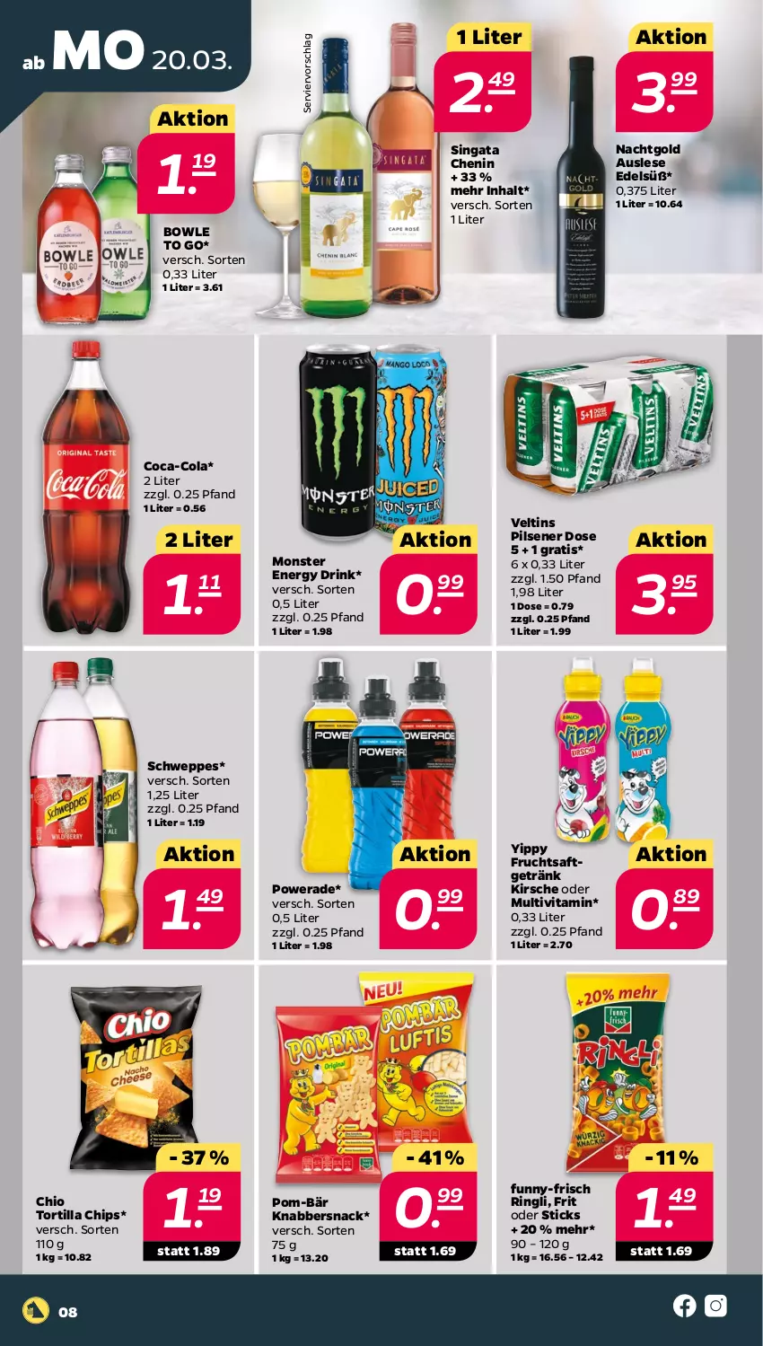 Aktueller Prospekt Netto - Woche 12 - von 20.03 bis 25.03.2023 - strona 8 - produkty: bowle, chips, coca-cola, cola, drink, energy drink, frucht, fruchtsaft, fruchtsaftgetränk, funny-frisch, getränk, kirsch, kirsche, KnabberSnack, monster, Monster Energy, pils, pilsener, pom-bär, ring, saft, schweppes, snack, Ti, tortilla, Tortilla Chips, veltins, veltins pilsener, vita