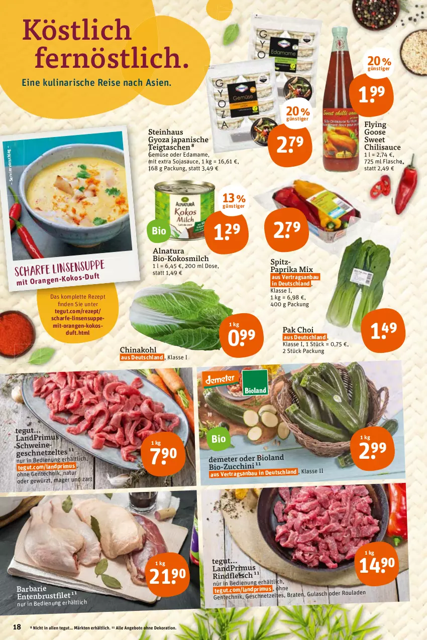 Aktueller Prospekt Tegut - Angebote der Woche - von 20.06 bis 25.06.2022 - strona 18 - produkty: angebot, angebote, Bau, bio, bio-zucchini, bioland, brustfilet, chili, dekoration, eis, ente, Entenbrust, filet, flasche, fleisch, geschnetzeltes, gewürz, gulasch, kokos, kokosmilch, landprimus, linsen, mam, milch, natur, natura, orange, orangen, Pak Choi, paprika, paprika mix, reis, rezept, rind, rindfleisch, rouladen, sauce, schwein, schweine, soja, sojasauce, Spitzpaprika, steinhaus, suppe, Tasche, taschen, Ti, wein, weine, Yo, Zelt, zucchini