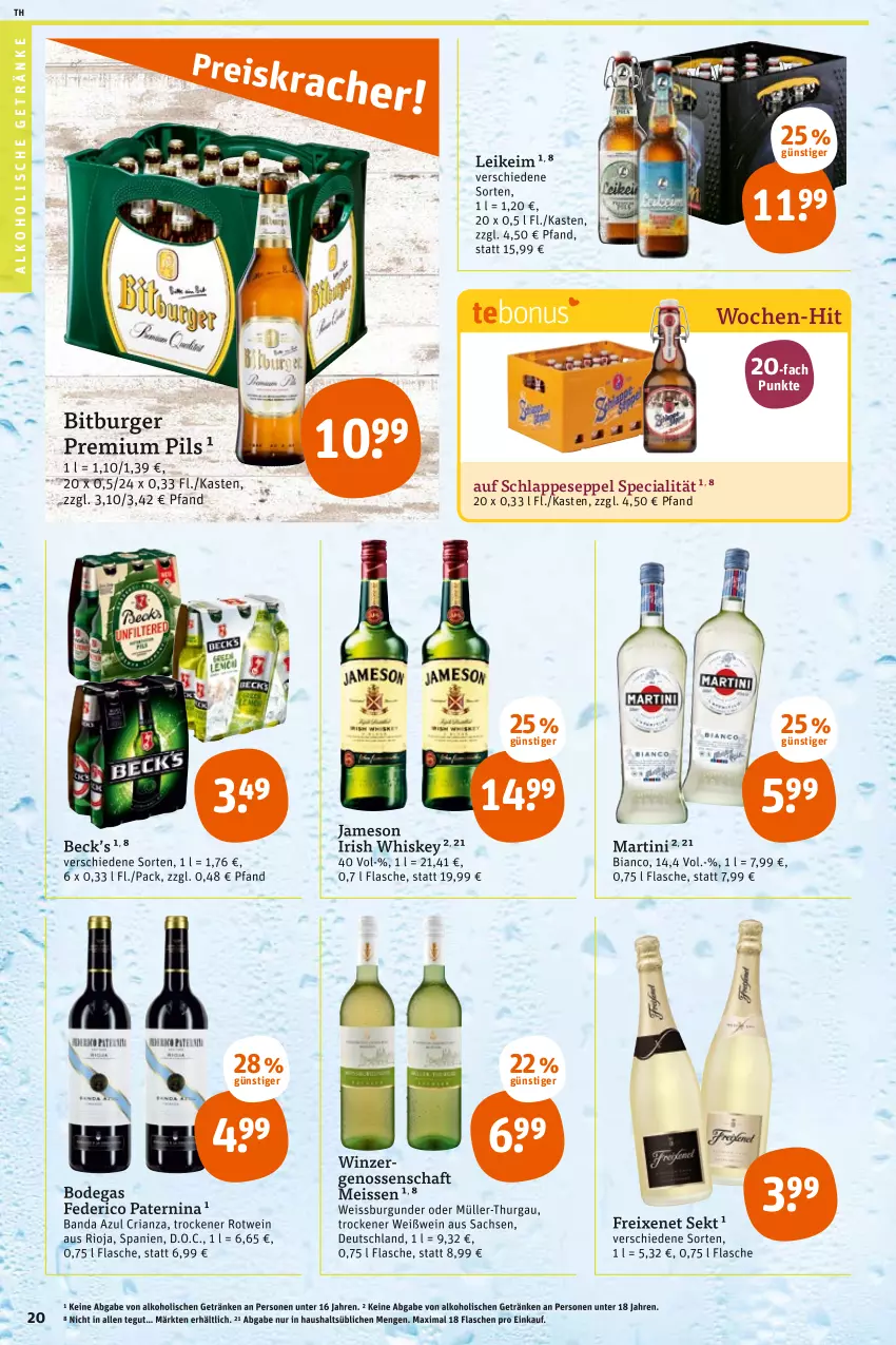 Aktueller Prospekt Tegut - Angebote der Woche - von 20.06 bis 25.06.2022 - strona 20 - produkty: alkohol, alkoholische getränke, bitburger, burger, burgunder, eis, flasche, freixenet, getränk, getränke, irish whiskey, jameson, martini, Müller, Müller-Thurgau, pils, premium pils, Ria, rioja, rotwein, sac, sekt, Ti, wein, Weißwein, whiskey