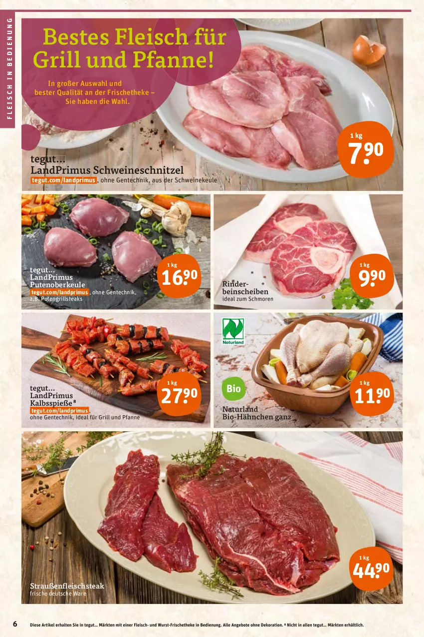 Aktueller Prospekt Tegut - Angebote der Woche - von 20.06 bis 25.06.2022 - strona 6 - produkty: angebot, angebote, bio, dekoration, eis, ente, fleisch, für grill und pfanne, grill, grill und pfanne, ideal für grill, ideal für grill und pfanne, landprimus, natur, naturland, pfanne, pute, Putenoberkeule, rind, rinder, schnitzel, schwein, schweine, schweineschnitzel, steak, steaks, Ti, und pfanne, wein, weine, wurst