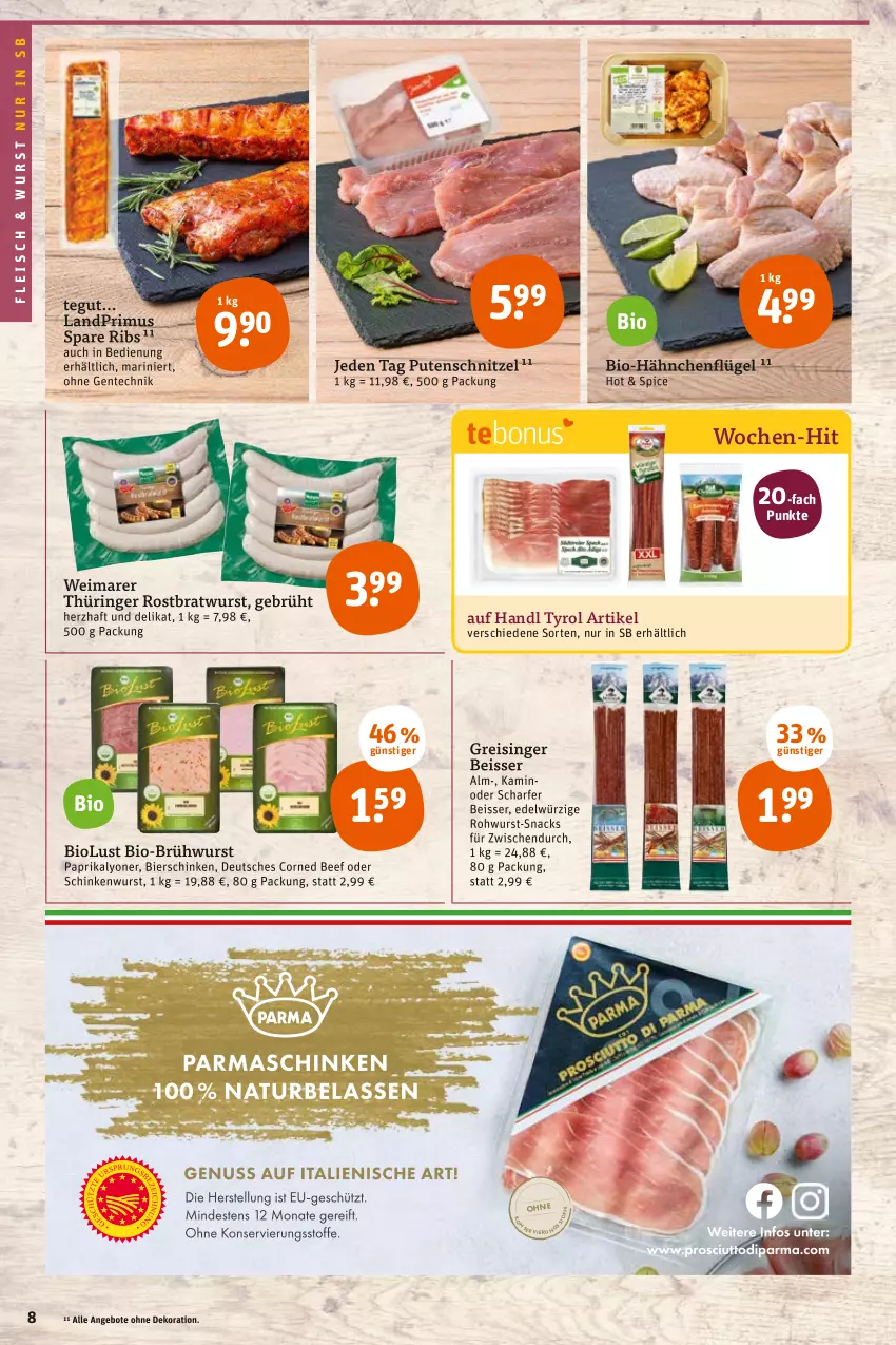 Aktueller Prospekt Tegut - Angebote der Woche - von 20.06 bis 25.06.2022 - strona 8 - produkty: angebot, angebote, beef, bier, bierschinken, bio, bratwurst, Brühwurst, corned beef, dekoration, eis, ente, fleisch, hähnchenflügel, Kamin, landprimus, lyoner, paprika, pute, putenschnitzel, reis, ring, Rohwurst, rostbratwurst, schinken, schinkenwurst, schnitzel, snack, snacks, spare ribs, thüringer rostbratwurst, Ti, wurst, Yo