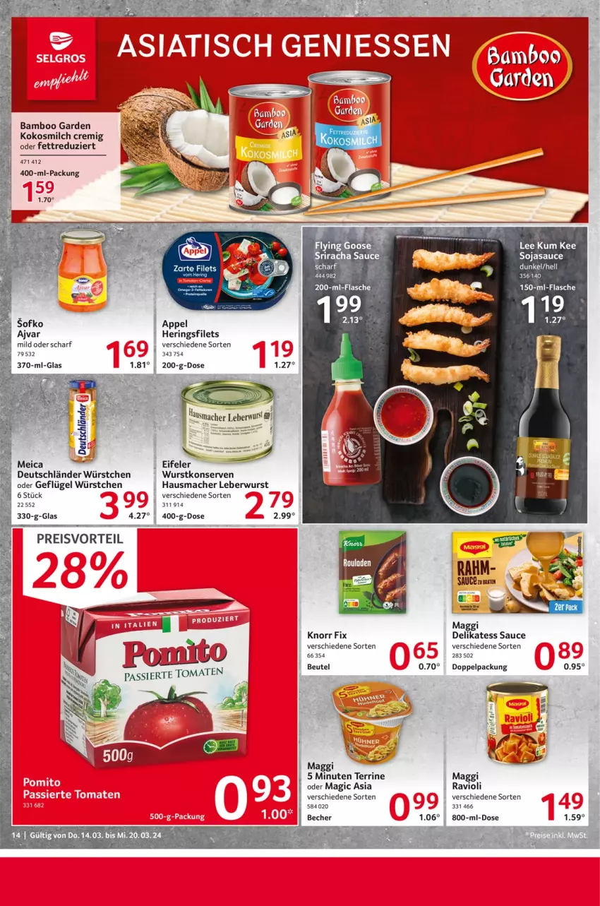 Aktueller Prospekt Selgros - Food - von 14.03 bis 20.03.2024 - strona 14 - produkty: Ajvar, bamboo, Becher, beutel, delikatess sauce, eis, filet, filets, Geflügel, Hausmacher, hering, Herings, heringsfilets, knorr, knorr fix, kokos, kokosmilch, Konserven, leberwurst, mac, maggi, milch, preisvorteil, ravioli, reis, ring, sauce, soja, sojasauce, Sriracha, terrine, wurst, würstchen, wurstkonserven