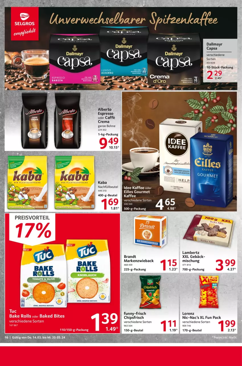 Aktueller Prospekt Selgros - Food - von 14.03 bis 20.03.2024 - strona 16 - produkty: Amber, beutel, bohne, brandt, brot, caffe, Cap, chips, chipsfrisch, dallmayr, dallmayr capsa, eilles gourmet, eis, espresso, espresso oder, funny-frisch, kaffee, lambertz, lorenz, Markenzwieback, preisvorteil, reis, rwe, Ti, Yo