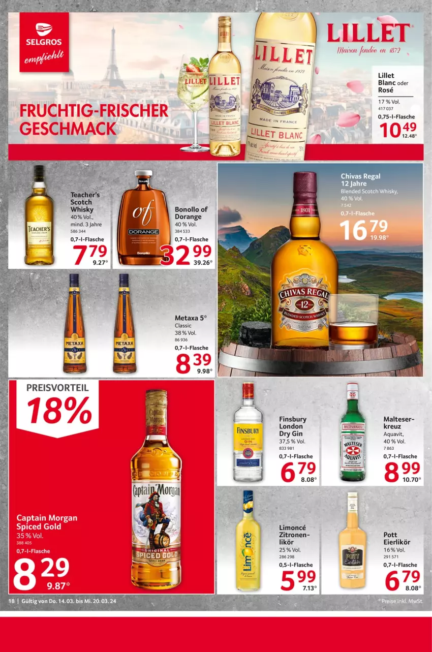 Aktueller Prospekt Selgros - Food - von 14.03 bis 20.03.2024 - strona 18 - produkty: aqua, aquavit, blended scotch, blended scotch whisky, dry gin, eier, eierlikör, eis, finsbury, flasche, gin, likör, lillet, limo, mais, malteser, orange, preisvorteil, regal, reis, scotch, scotch whisky, Ti, whisky, zitrone, zitronen