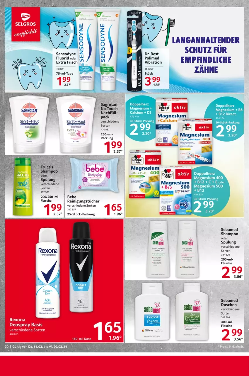 Aktueller Prospekt Selgros - Food - von 14.03 bis 20.03.2024 - strona 20 - produkty: Bebe, Calcium, deo, deospray, doppelherz, dusche, ente, flasche, magnesium, magnesium 400, rexona, sagrotan, sebamed, sensodyne, sensodyne fluorid, shampoo, Sport, spülung, tee, tender, Ti, tisch