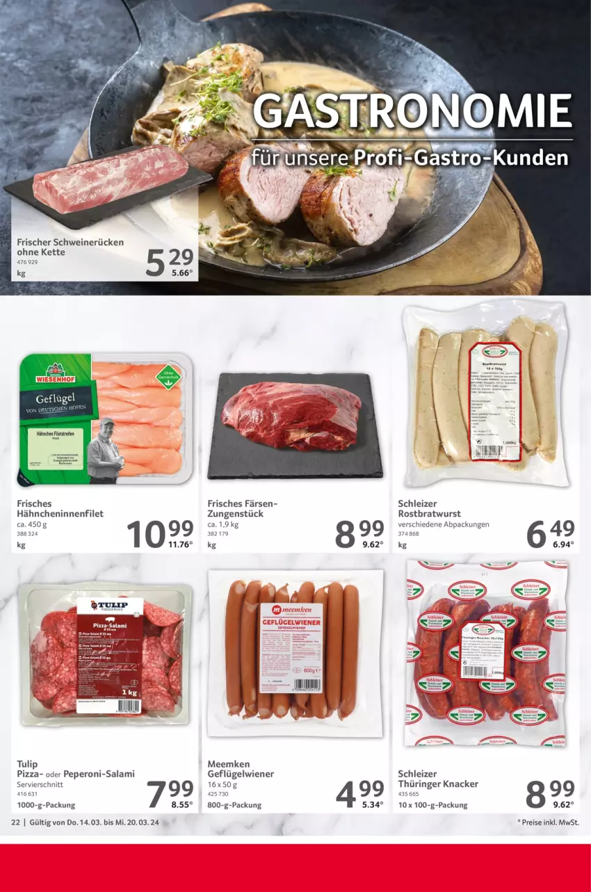 Aktueller Prospekt Selgros - Food - von 14.03 bis 20.03.2024 - strona 22 - produkty: bratwurst, eis, filet, Geflügel, Kette, knacker, peperoni, Peroni, pizza, reis, ring, rostbratwurst, salami, schwein, schweine, schweinerücken, Ti, tulip, wein, weine, wiener, wurst