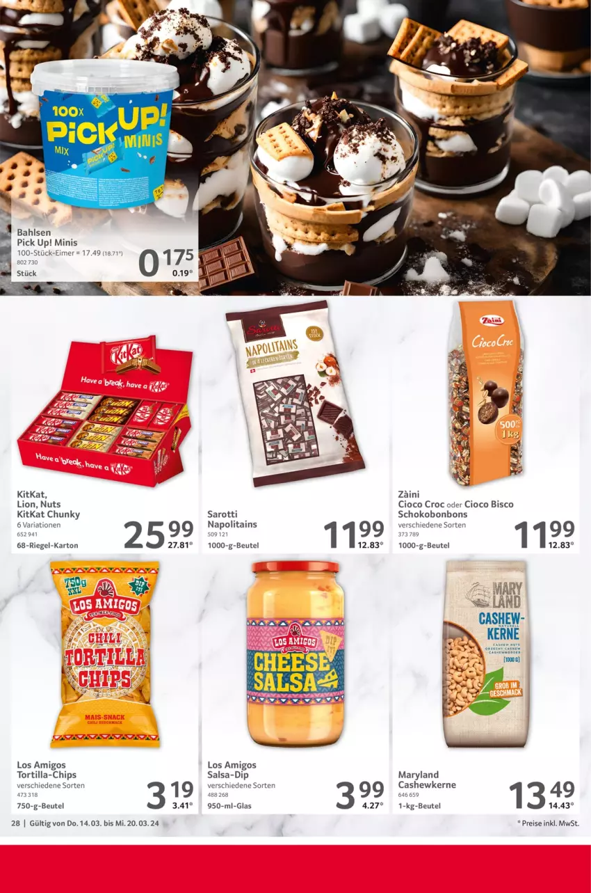 Aktueller Prospekt Selgros - Food - von 14.03 bis 20.03.2024 - strona 28 - produkty: bahlsen, beutel, bonbons, Cashew, cashewkerne, chips, dip, eimer, eis, kitkat, lion, Pick Up!, Popp, reis, Ria, riegel, Salsa, saro, sarotti, schoko, Ti, tortilla