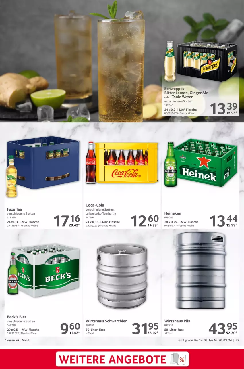 Aktueller Prospekt Selgros - Food - von 14.03 bis 20.03.2024 - strona 29 - produkty: bier, bitter lemon, coca-cola, cola, eis, flasche, fuze tea, gin, ginger, ginger ale, heineken, mw-flasche, pils, reis, Ti, tonic, tonic water