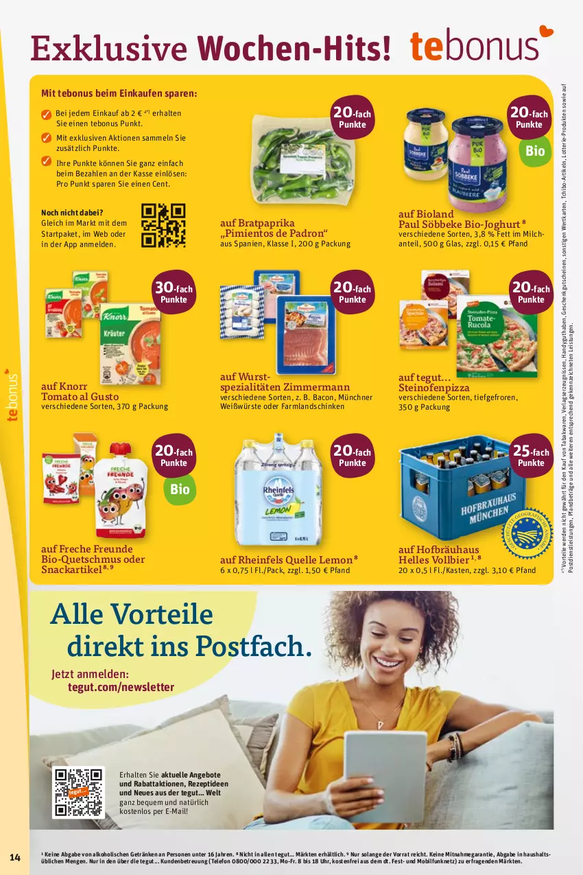 Aktueller Prospekt Tegut - Angebote der Woche - von 26.06 bis 01.07.2023 - strona 16 - produkty: alkohol, angebot, angebote, bacon, bier, bio, bio-joghurt, bioland, eis, elle, erde, freche freunde, getränk, getränke, gutschein, gutscheine, Handy, joghur, joghurt, knorr, landschinken, milch, Ofen, paprika, pizza, rezept, rheinfels quelle, schinken, snack, söbbeke, Spezi, steinofen, Tchibo, telefon, Ti, tomato al gusto, uhr, wurst