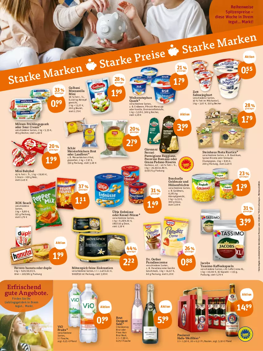 Aktueller Prospekt Tegut - Angebote der Woche - von 26.06 bis 01.07.2023 - strona 2 - produkty: alkohol, angebot, angebote, babybel, basilikum, Becher, beere, beutel, bier, bonduelle, bonduelle goldmais, brot, brut, brut dargent, caffe, champignon, chardonnay, creme, Dr. Oetker, duplo, eis, elle, erdbeere, erdnüsse, ferrero, flasche, früchte, galbani, getränk, getränke, Goldmais, grana, grana padano, hanuta, hartkäse, Hefe, hülsenfrüchte, jacobs, jacobs tassimo, joghur, joghurt, kaffee, kaffeekapseln, Käse, mac, mais, maracuja, Meister, milch, milram, mini babybel, mövenpick, mozzarella, padano, parmigiano, parmigiano reggiano, pasta, Paula, paulaner, Pecorino, pfirsich, Pinot, pinot noir, quark, Rana, reggiano, reis, rel, ricotta, riserva, sahne, Sahnejoghurt, sekt, senf, sim, snack, sour cream, spinat, steinhaus, tassimo, Ti, ültje, ültje erdnüsse, vanille, vita, weihenstephan, zott, ZTE