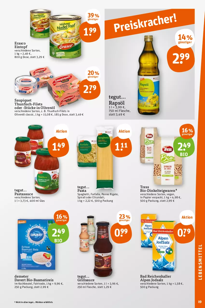 Aktueller Prospekt Tegut - Angebote der Woche - von 26.06 bis 01.07.2023 - strona 21 - produkty: Bad, basmati, beutel, bio, eintopf, eis, erasco, farfalle, filet, filets, fisch, flasche, grill, grillsauce, in olivenöl, kochbeutel, lebensmittel, olive, oliven, olivenöl, papier, pasta, penne, penne rigate, rapsöl, reis, salz, sauce, saupiquet, spaghetti, teigwaren, thunfisch, Ti, topf