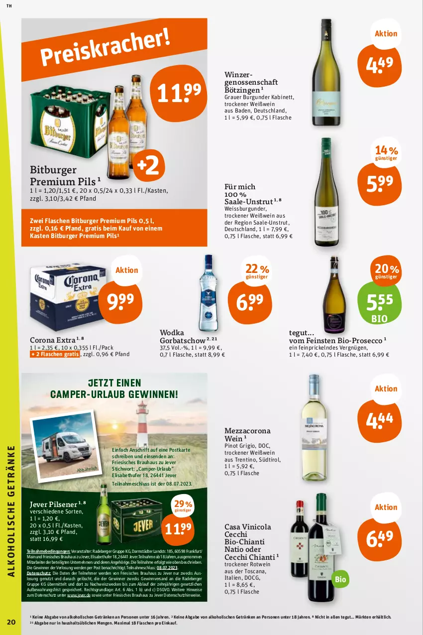 Aktueller Prospekt Tegut - Angebote der Woche - von 26.06 bis 01.07.2023 - strona 22 - produkty: alkohol, auer, Bad, Berger, bio, bitburger, burger, burgunder, chia, chianti, cola, corona, corona extra, ecco, eis, erde, flasche, getränk, getränke, Gorbatschow, grauer burgunder, jever, jever pilsener, kabinett, LG, mezzacorona, pils, pilsener, Pinot, pinot grigio, premium pils, prosecco, radeberger, rotwein, Ti, weck, wein, Weißwein, wodka