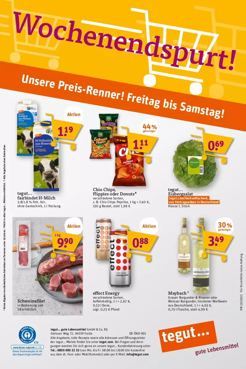 Aktueller Prospekt Tegut - Angebote der Woche - von 26.06 bis 01.07.2023 - strona 26 - produkty: alkohol, angebot, angebote, auer, Bau, beutel, burgunder, chio chips, chips, dekoration, Donut, donuts, drucker, Effect, eis, eisbergsalat, Engel, ente, filet, flasche, flippies, Fulda, getränk, getränke, grauer burgunder, kerze, lebensmittel, maybach, milch, paprika, reis, rezept, rezepte, Rivaner, salat, schwein, schweine, schweinefilet, Ti, uhr, wein, weine, Weißwein