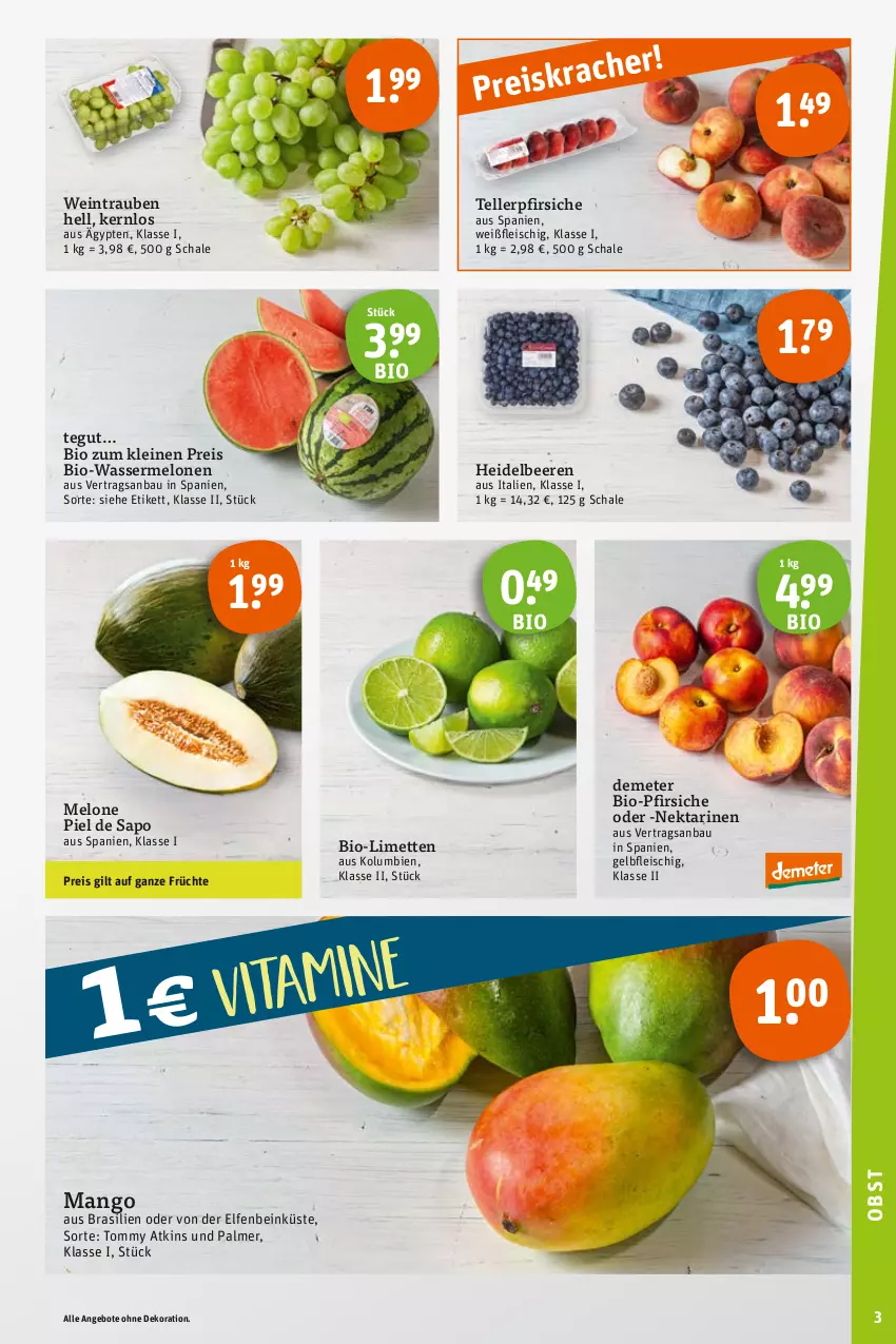 Aktueller Prospekt Tegut - Angebote der Woche - von 26.06 bis 01.07.2023 - strona 5 - produkty: angebot, angebote, Bau, beere, beeren, bio, dekoration, eis, elle, fleisch, früchte, heidelbeere, heidelbeeren, leine, limette, limetten, mango, melone, melonen, Mett, metten, Nektar, nektarinen, pfirsich, pfirsiche, pfirsiche oder, reis, Schal, Schale, teller, Ti, trauben, wasser, wassermelone, wassermelonen, wein