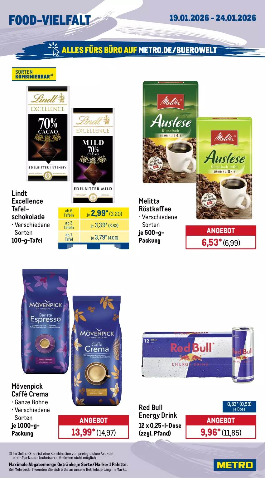 Aktueller Prospekt Metro - Wochen-Angebote - von 19.01 bis 24.01.2026 - strona 15 - produkty: angebot, bohne, bonduelle, caffè crema, corny, coupon, drink, duplo, eis, elle, energy drink, ferrero, flasche, Gemüsekonserve, getränk, getränke, heinz, kaffee, ketchup, Kinder, Konserven, lindt, melitta, Metro, mövenpick, müsli, Palette, red bull, reis, riegel, röstkaffee, schoko, schokolade, tafelschokolade, Ti, tomato ketchup