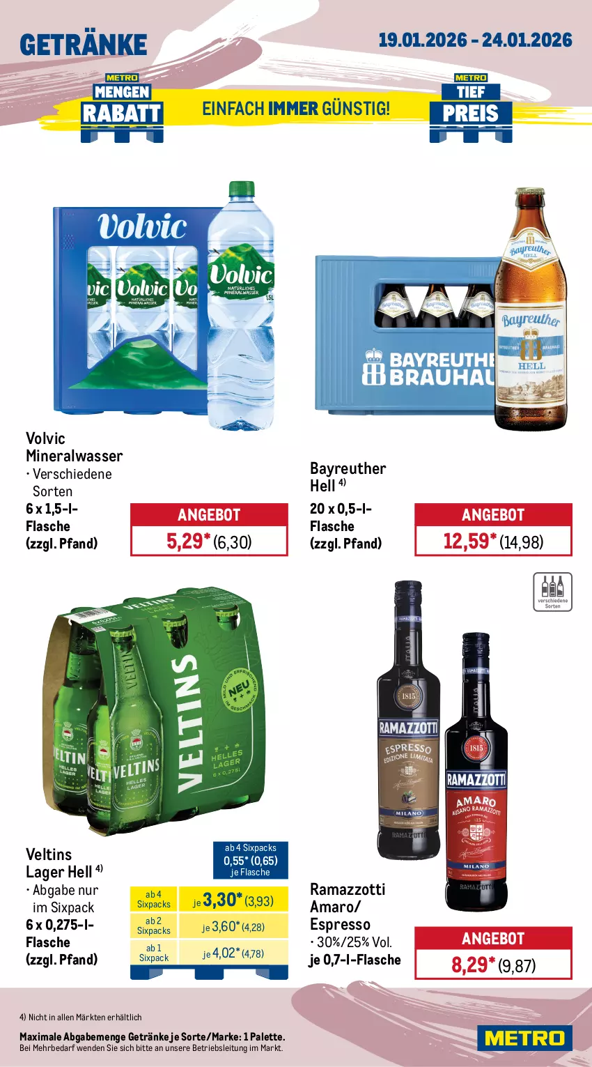 Aktueller Prospekt Metro - Wochen-Angebote - von 19.01 bis 24.01.2026 - strona 16 - produkty: Alwa, amaro, angebot, aprikose, aprikosen, brut, champagne, espresso, flasche, frucht, getränk, getränke, mac, mineralwasser, Palette, perla, Pinot, pinot grigio, rama, ramazzott, ramazzotti, regal, Ria, sac, Ti, trauben, valdo, veltins, volvic, wasser, zott