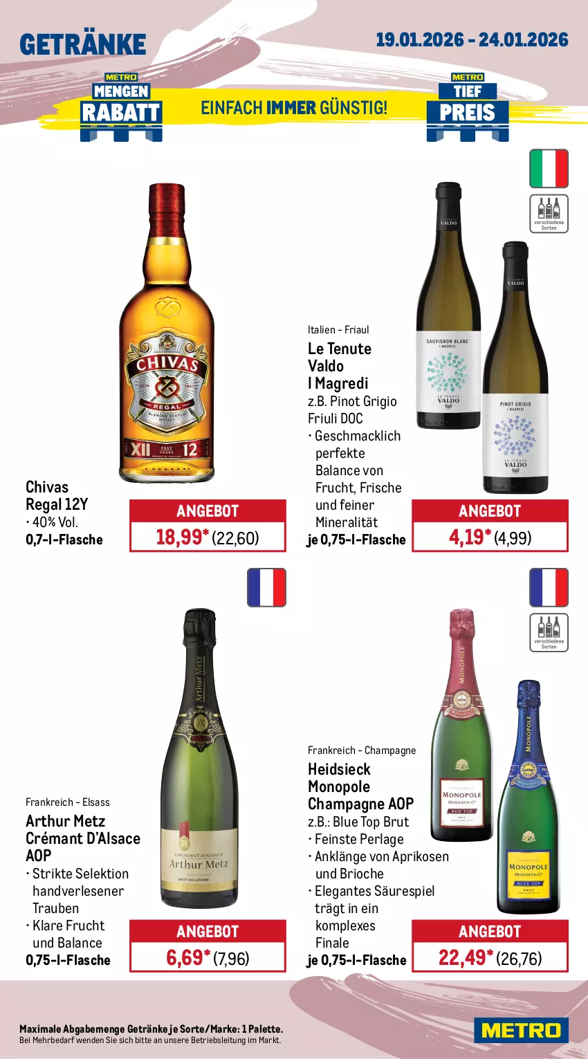 Aktueller Prospekt Metro - Wochen-Angebote - von 19.01 bis 24.01.2026 - strona 17 - produkty: Alwa, amaro, angebot, aprikose, aprikosen, brut, champagne, espresso, flasche, frucht, getränk, getränke, mac, mineralwasser, Palette, perla, Pinot, pinot grigio, rama, ramazzott, ramazzotti, regal, Ria, sac, Ti, trauben, valdo, veltins, volvic, wasser, zott