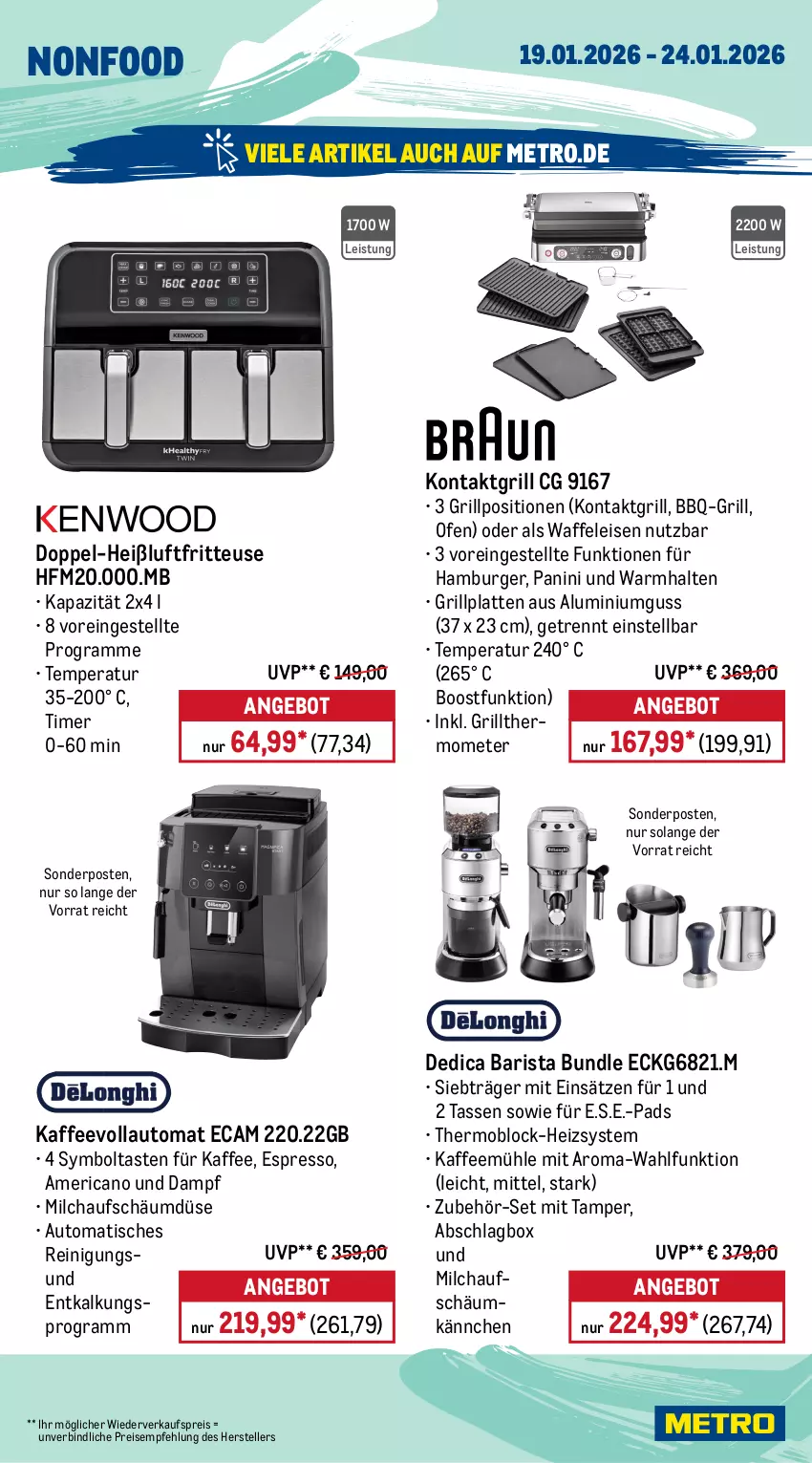 Aktueller Prospekt Metro - Wochen-Angebote - von 19.01 bis 24.01.2026 - strona 21 - produkty: angebot, auer, auto, Behälter, beutel, Brei, burger, edelstahl, eis, elle, espresso, fleisch, fritteuse, gin, grill, grillplatte, hamburger, Heißluftfritteuse, kaffee, Kaffeemühle, kaffeevollautomat, KitchenAid, kontaktgrill, küche, Küchen, küchenmaschine, latte, Metro, milch, Ofen, Reinigung, reis, rwe, schlauch, schüssel, sonderposten, tasse, teller, thermometer, Ti, timer, tisch, Vakuumierer, Waffeleisen