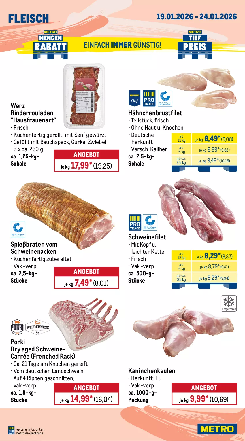 Aktueller Prospekt Metro - Wochen-Angebote - von 19.01 bis 24.01.2026 - strona 3 - produkty: angebot, Bau, beef, braten, brustfilet, decke, Deckel, eis, entrecôte, filet, fleisch, gewürz, gurke, hähnchenbrust, hähnchenbrustfilet, Kaninchenkeule, Kette, küche, Küchen, leine, Metro, rind, rinder, Rinderroulade, rinderrouladen, Rippen, roastbeef, rouladen, Schal, Schale, schnitten, schwein, schweine, schweinefilet, schweinenacken, senf, Speck, steak, steakhüfte, Ti, vom schweinenacken, wein, weine, zwiebel