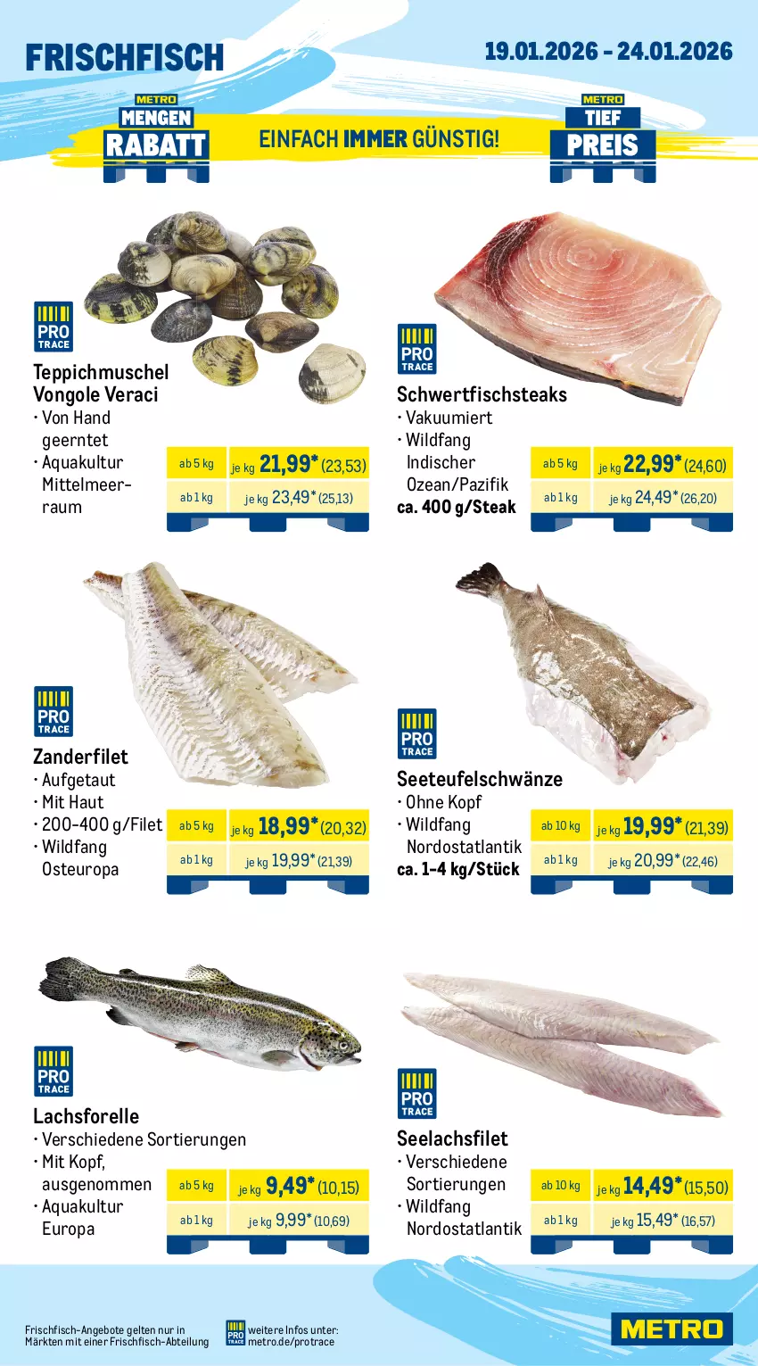 Aktueller Prospekt Metro - Wochen-Angebote - von 19.01 bis 24.01.2026 - strona 6 - produkty: Abtei, angebot, angebote, aqua, beutel, elle, filet, filets, fisch, fische, Fischer, forelle, frischfisch, garnelen, hering, Herings, heringsfilets, krone, lachs, lachsfilet, matjes, Metro, Popp, rel, ring, sahne, sauce, Schal, Schale, Schere, seelachsfilet, steak, steaks, teppich, Ti, Wild, wildlachs, Zander