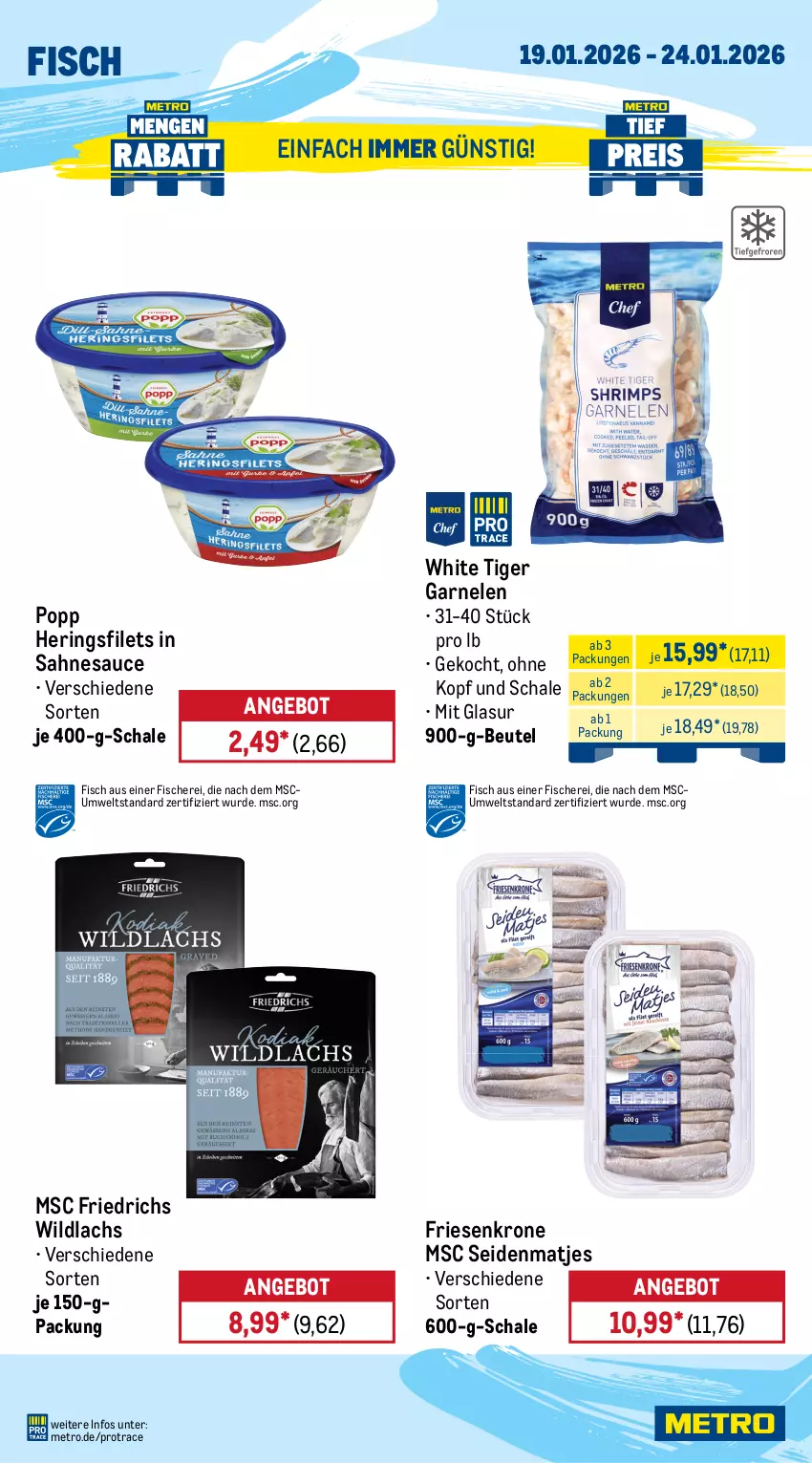 Aktueller Prospekt Metro - Wochen-Angebote - von 19.01 bis 24.01.2026 - strona 7 - produkty: Abtei, angebot, angebote, aqua, beutel, elle, filet, filets, fisch, fische, Fischer, forelle, frischfisch, garnelen, hering, Herings, heringsfilets, krone, lachs, lachsfilet, matjes, Metro, Popp, rel, ring, sahne, sauce, Schal, Schale, Schere, seelachsfilet, steak, steaks, teppich, Ti, Wild, wildlachs, Zander