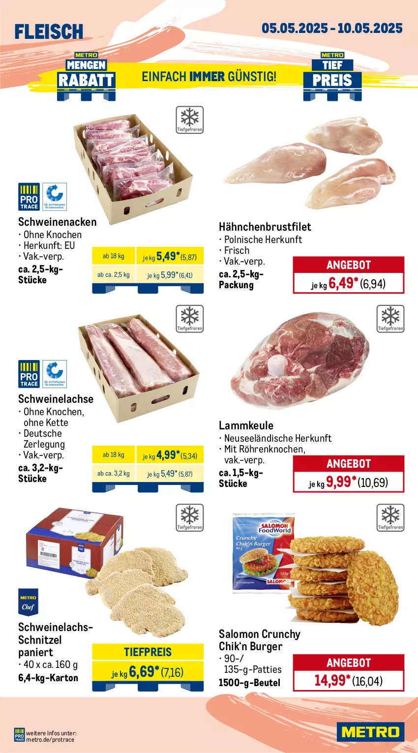 Aktueller Prospekt Metro - Wochen-Angebote Gastro - von 05.05 bis 10.05.2025 - strona 3 - produkty: angebot, beef, beutel, brustfilet, burger, decke, Deckel, eis, filet, fleisch, hähnchenbrust, hähnchenbrustfilet, Kette, lachs, lamm, lammkeule, Metro, reis, rind, rinder, roastbeef, salomon, Schal, Schale, schnitzel, schwein, schweine, schweinefilet, Schweinelachs, schweinenacken, steak, steakhüfte, Ti, tiefpreis, wein, weine