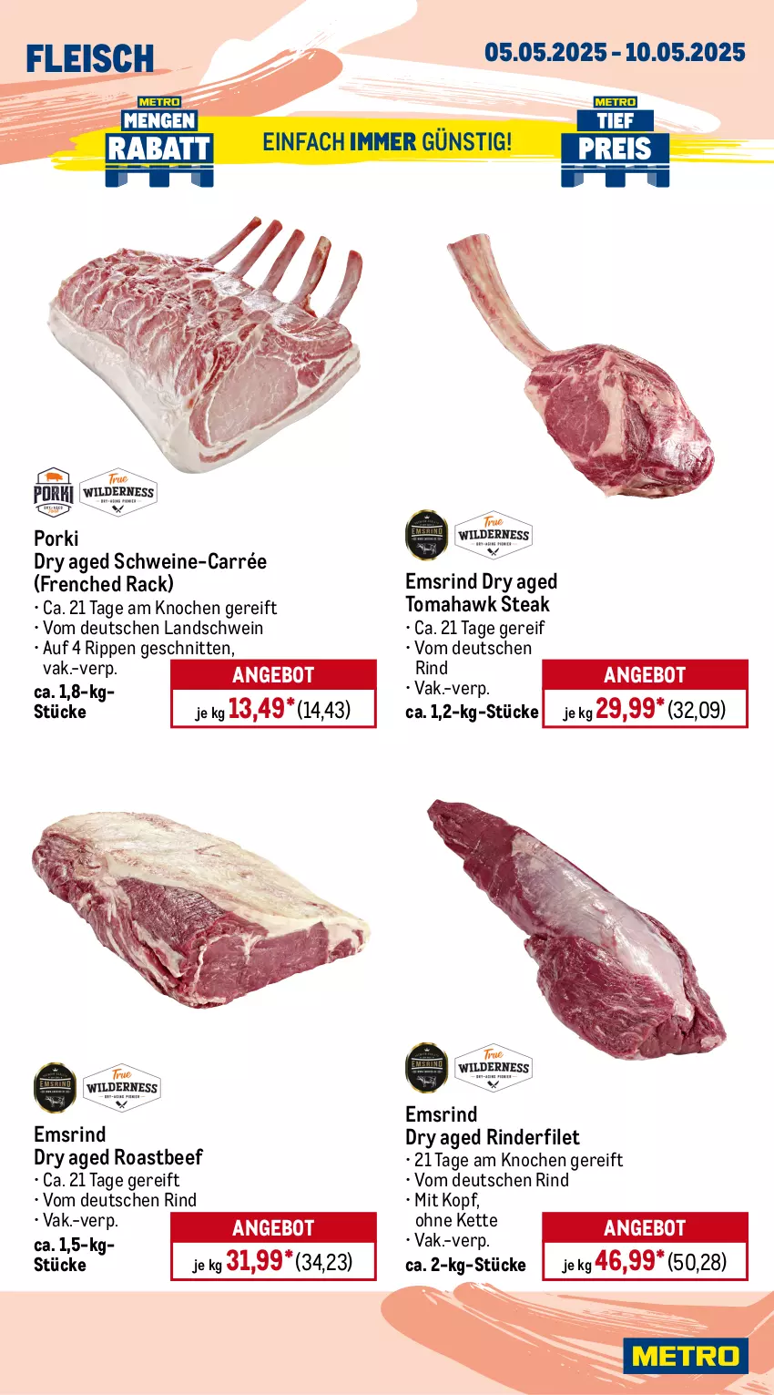 Aktueller Prospekt Metro - Wochen-Angebote Gastro - von 05.05 bis 10.05.2025 - strona 4 - produkty: Abtei, angebot, angebote, aqua, beef, eis, filet, fisch, fische, Fischer, fischtheke, fleisch, frischfisch, garnelen, kabeljaufilet, Kette, lachs, Metro, rind, rinder, rinderfilet, Rippen, roastbeef, rwe, Schere, schnitten, schwein, schweine, steak, teppich, Ti, wein, weine, Wild
