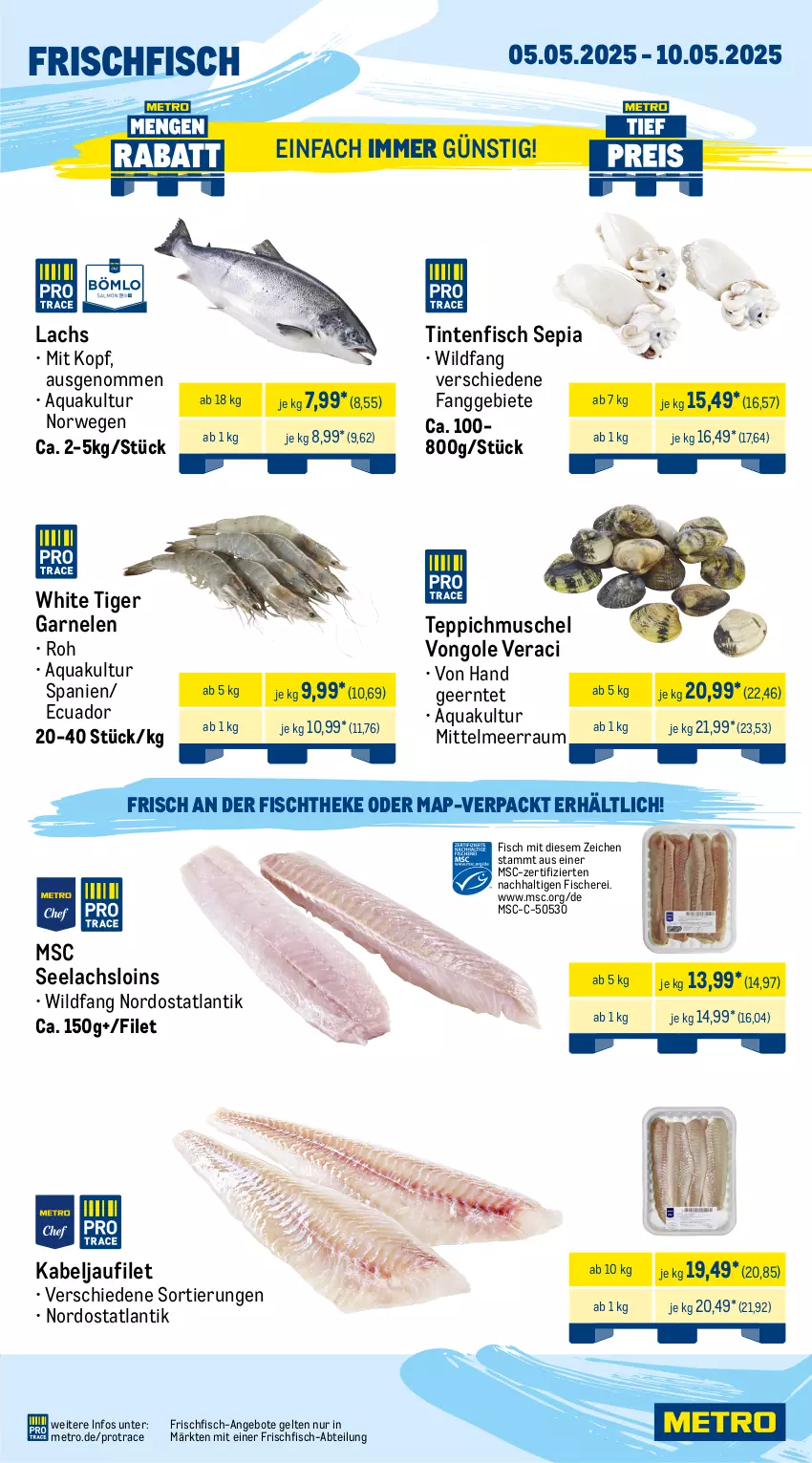 Aktueller Prospekt Metro - Wochen-Angebote Gastro - von 05.05 bis 10.05.2025 - strona 5 - produkty: Abtei, angebot, angebote, aqua, beef, eis, filet, fisch, fische, Fischer, fischtheke, fleisch, frischfisch, garnelen, kabeljaufilet, Kette, lachs, Metro, rind, rinder, rinderfilet, Rippen, roastbeef, rwe, Schere, schnitten, schwein, schweine, steak, teppich, Ti, wein, weine, Wild