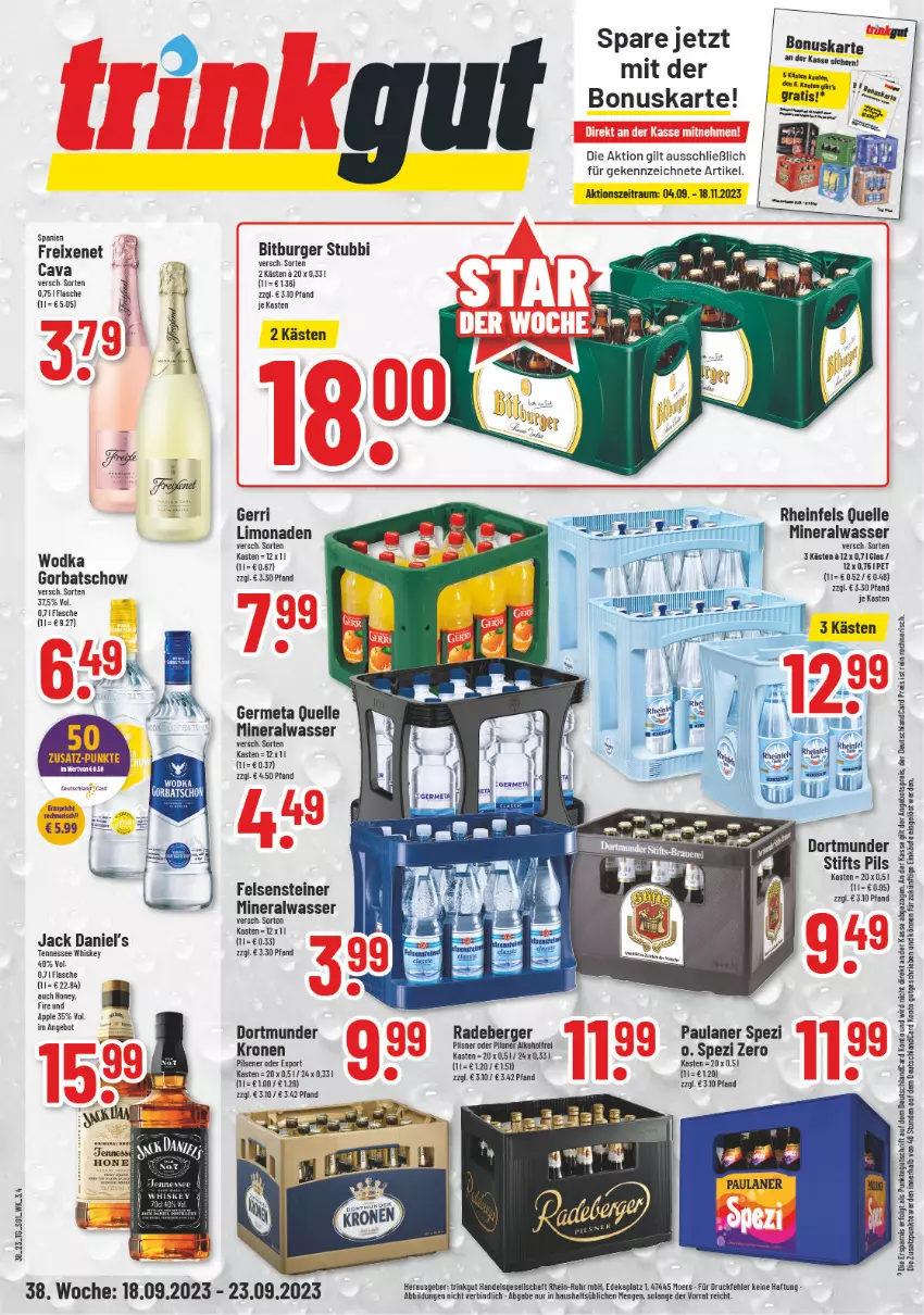 Aktueller Prospekt Trinkgut - von 18.09 bis 23.09.2023 - strona 1 - produkty: alkohol, Alwa, angebot, angebotspreis, Apple, Berger, bitburger, burger, Cava, deka, deutschlandcard, eis, elle, erde, flasche, freixenet, Germ, Gorbatschow, jack daniel, Jack Daniel’s, krone, LG, limo, limonade, limonaden, mineralwasser, Paula, paulaner, pils, pilsener, pilsner, radeberger, reis, rheinfels quelle, Spezi, steiner, tennessee whiskey, Ti, uhr, wasser, whiskey, wodka