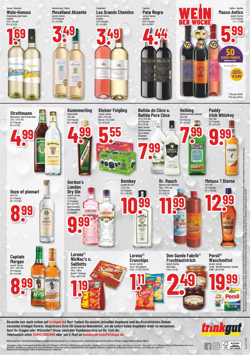 Aktueller Prospekt Trinkgut - von 18.09 bis 23.09.2023 - strona 4 - produkty: alkohol, angebot, angebote, angebotspreis, aufstrich, Bad, batida, beutel, Brei, Cap, chardonnay, chips, cola, crunchips, deka, den gamle, deutschlandcard, dry gin, eis, elle, ente, erde, flasche, frucht, fruchtaufstrich, gin, gordon, gordon's, Gordon’s, kleiner feigling, korn, kräuter, kräuterlikör, kuemmerling, leine, LG, lieferservice, likör, london dry, london dry gin, lorenz, mango, merl, Metaxa, moselland, nuss, oder kräuter, ouzo, persil, Rauch, reis, saltletts, telefon, Ti, uhr, waschmittel, wein, weizenkorn, Yo