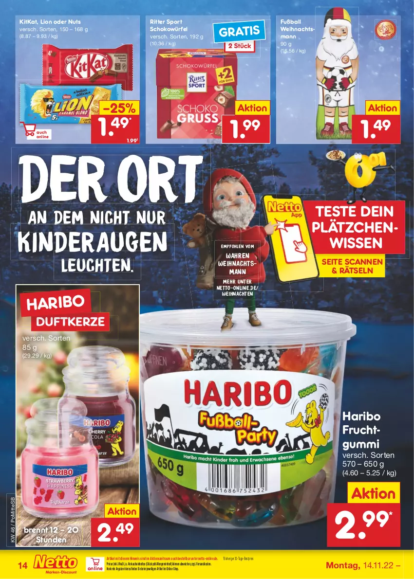 Aktueller Prospekt Netto Marken-Discount - Filial-Angebote - von 14.11 bis 19.11.2022 - strona 14 - produkty: ball, bestpreis, Duftkerze, eis, frucht, fruchtgummi, Fußball, haribo, kerze, Kinder, kitkat, Lätzche, Leuchte, leuchten, lion, ndk, reis, ritter, ritter sport, schoko, schokowürfel, Sport, Ti, weihnachten, würfel